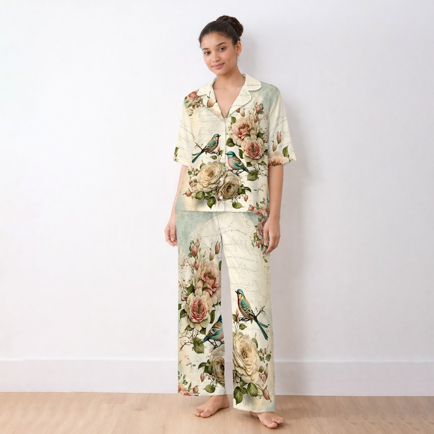 Vintage Birds Rose Pattern Pajama Set, Soft Breathable Fabric Comfortable Sleepwear