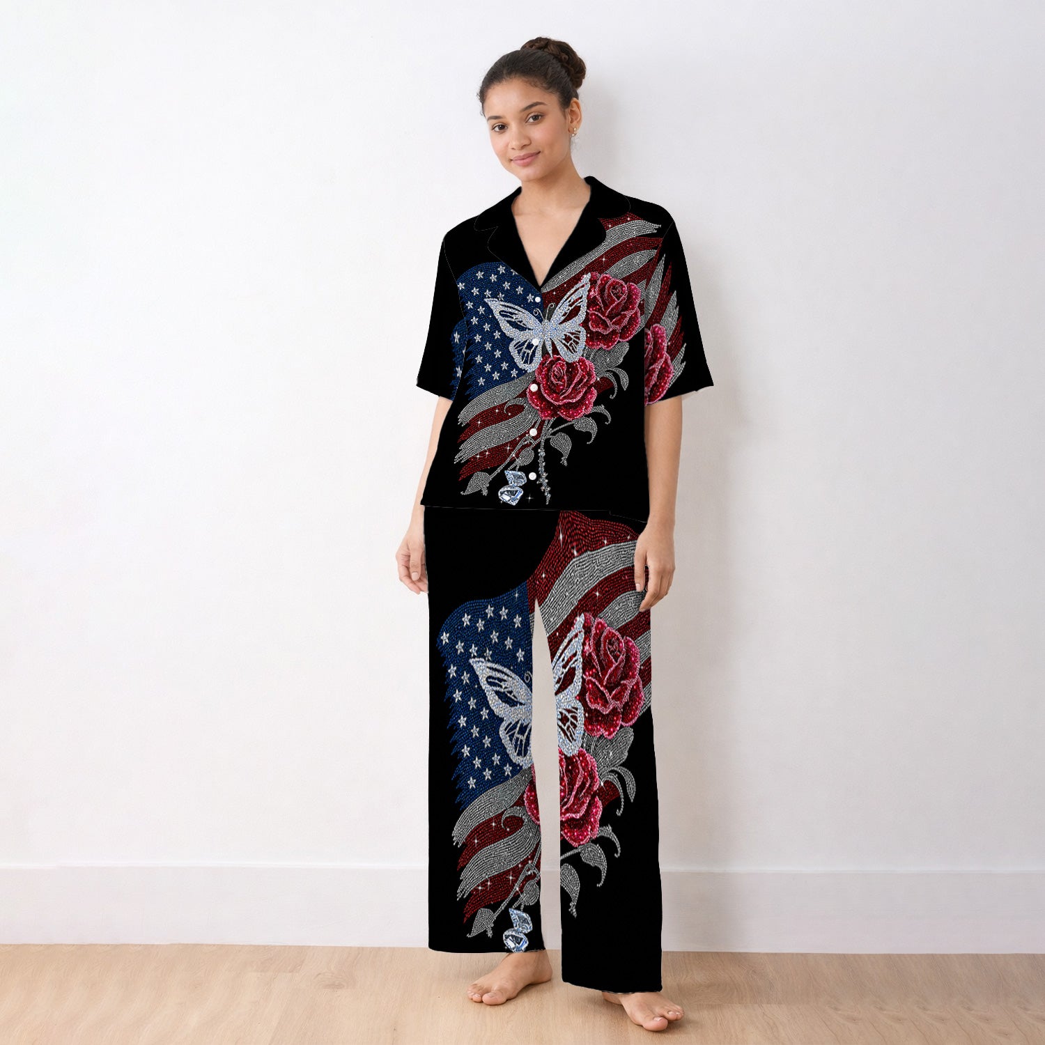 Patriotic Butterfly Rose Flag Print Pajama Set, Soft Breathable Fabric Comfortable Sleepwear