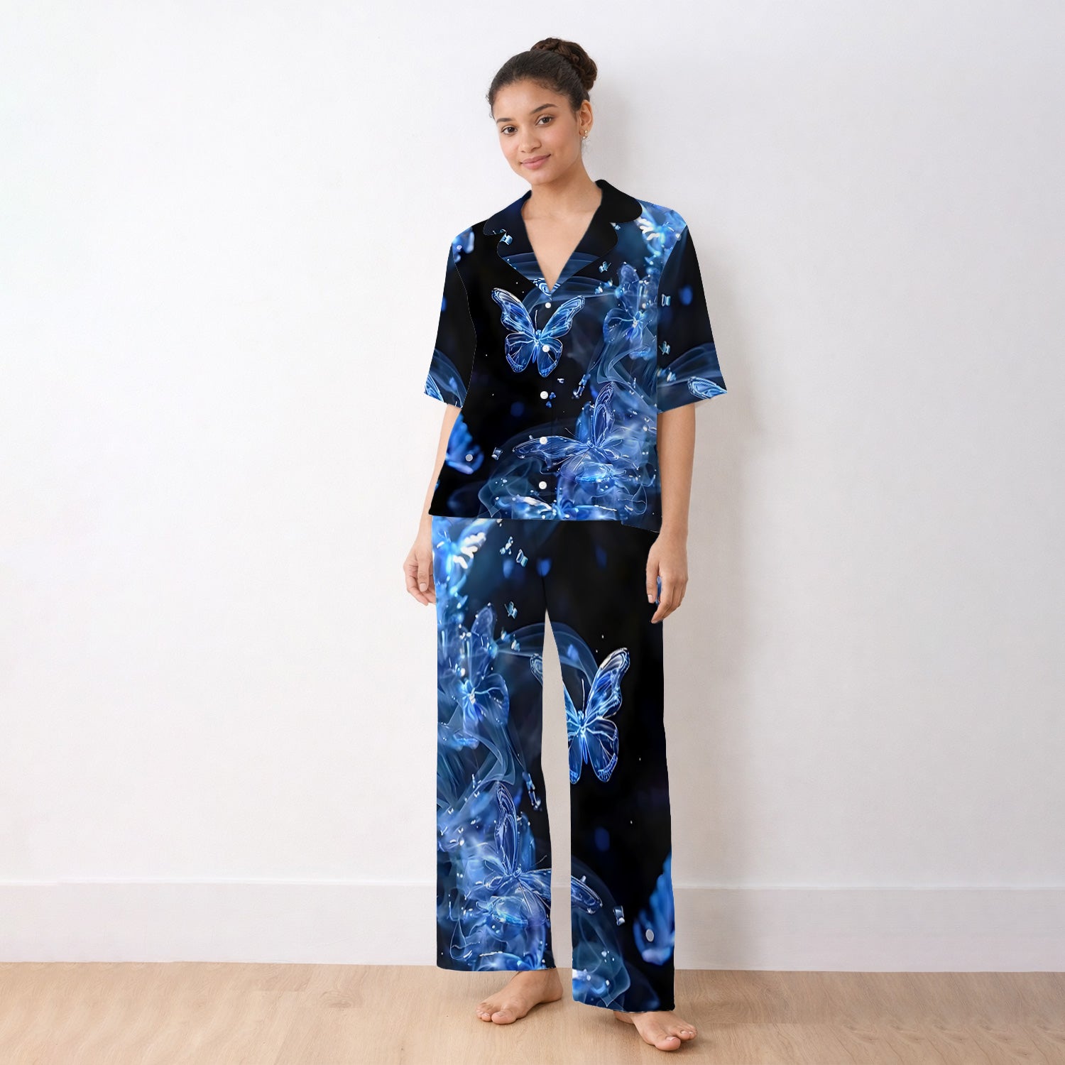 Glowing Blue Butterfly Garden Pattern Pajama Set, Soft Breathable Fabric Comfortable Sleepwear