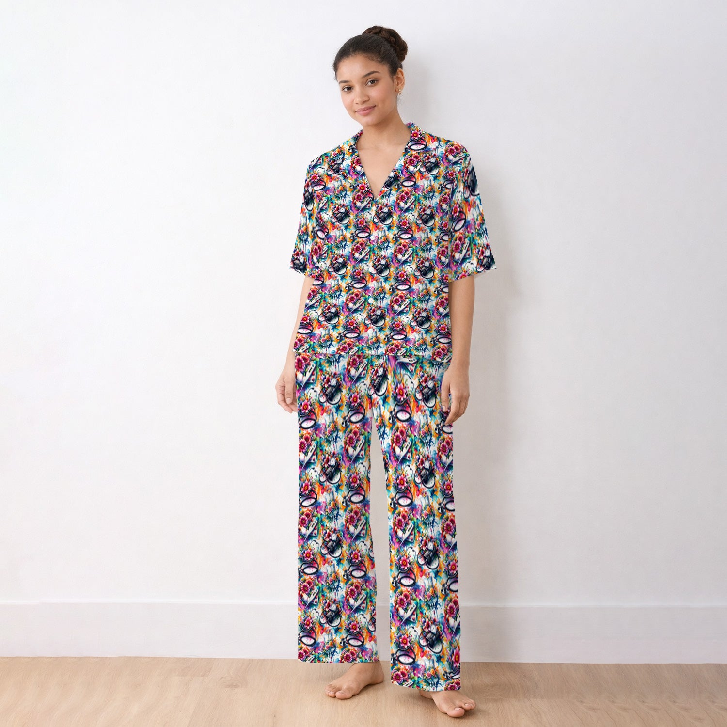 Colorful Medical Tools Floral Pattern Pajama Set, Soft Breathable Fabric Comfortable Sleepwear