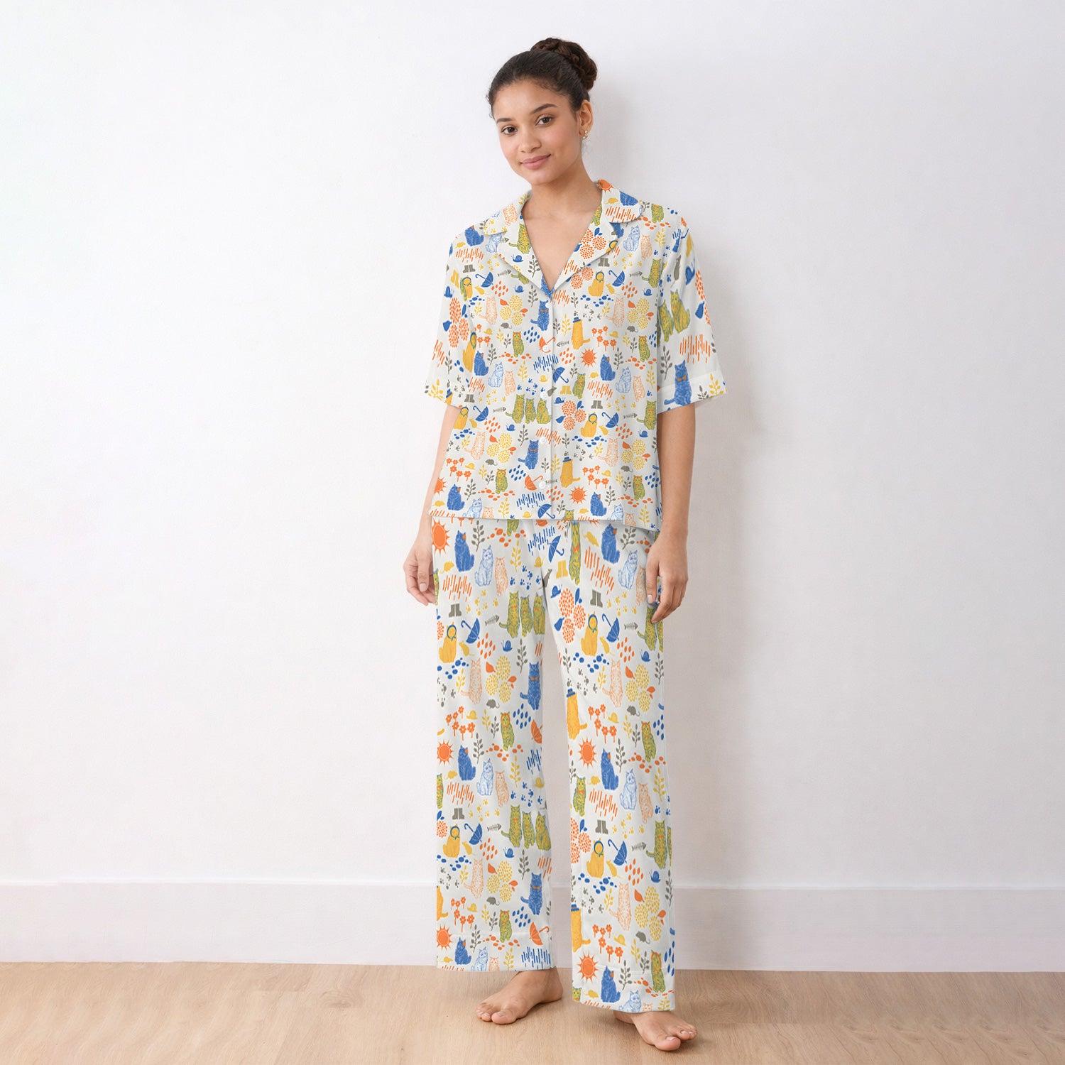 Cozy Rainy Day Cat Lover Nature Nurse Pattern Pajama Set, Soft Breathable Fabric Comfortable Sleepwear
