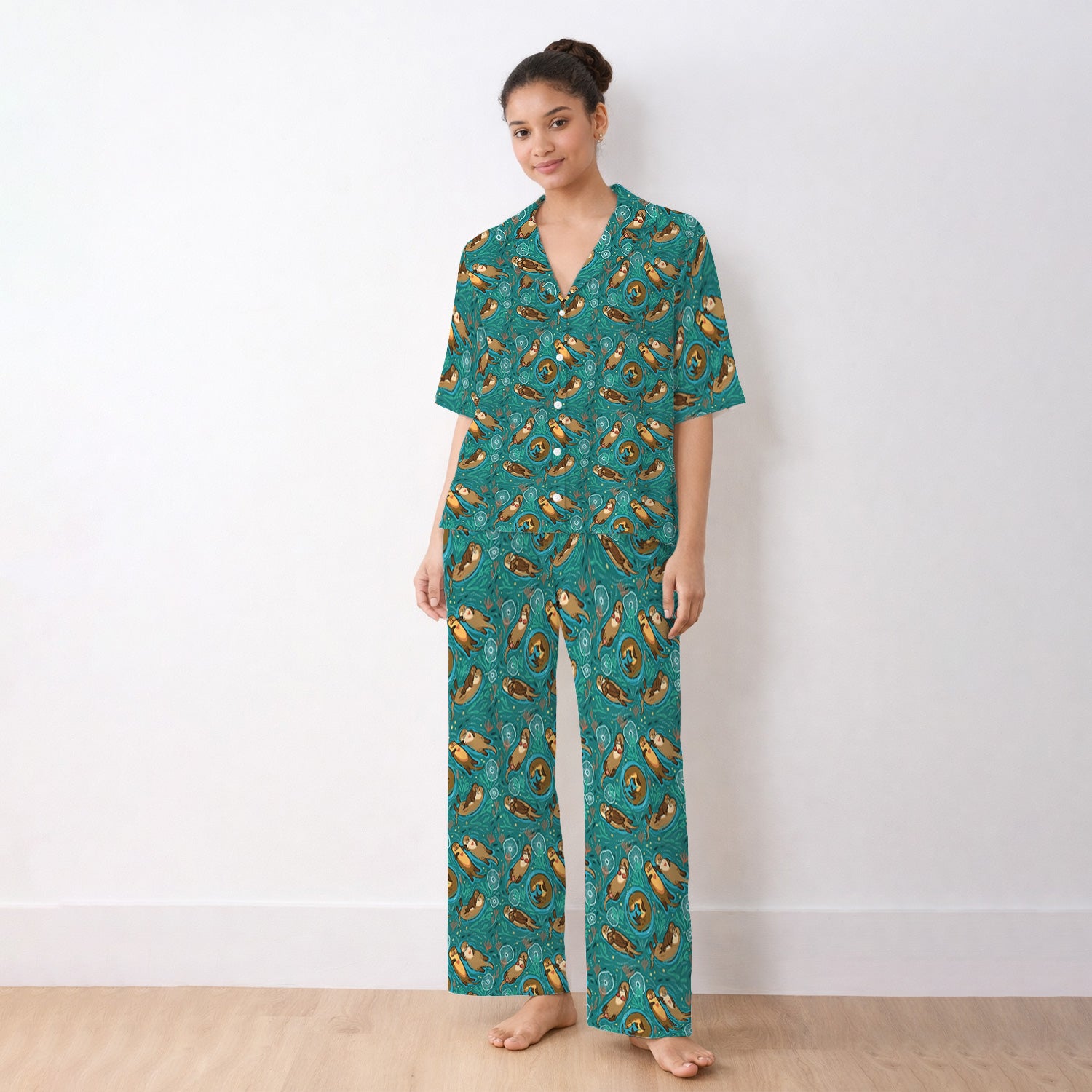 Sea Otter Floating Ocean Pattern Pajama Set, Soft Breathable Fabric Comfortable Sleepwear