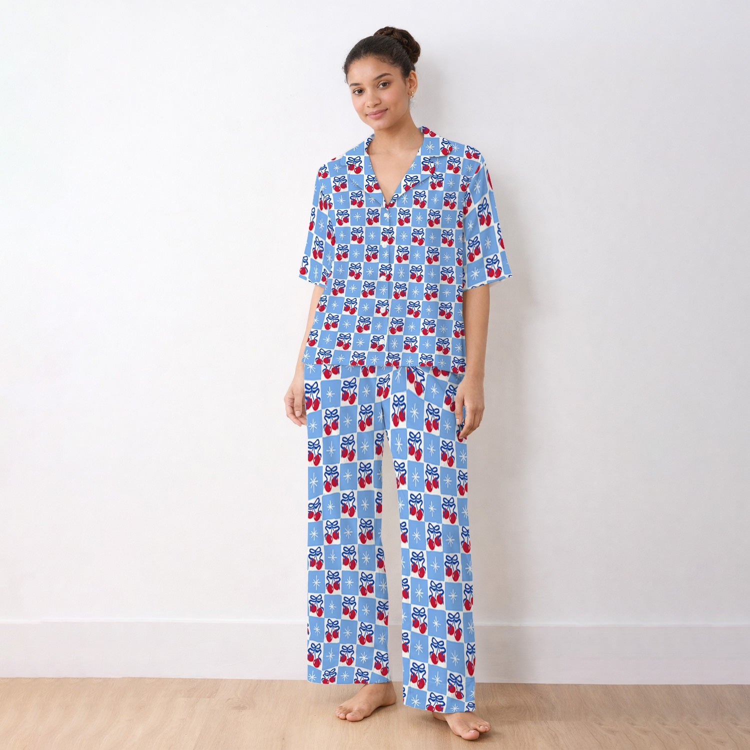 Cute Cherry Bow With Blue Gingham Check Pattern Pajama Set, Soft Breathable Fabric Comfortable Sleepwear