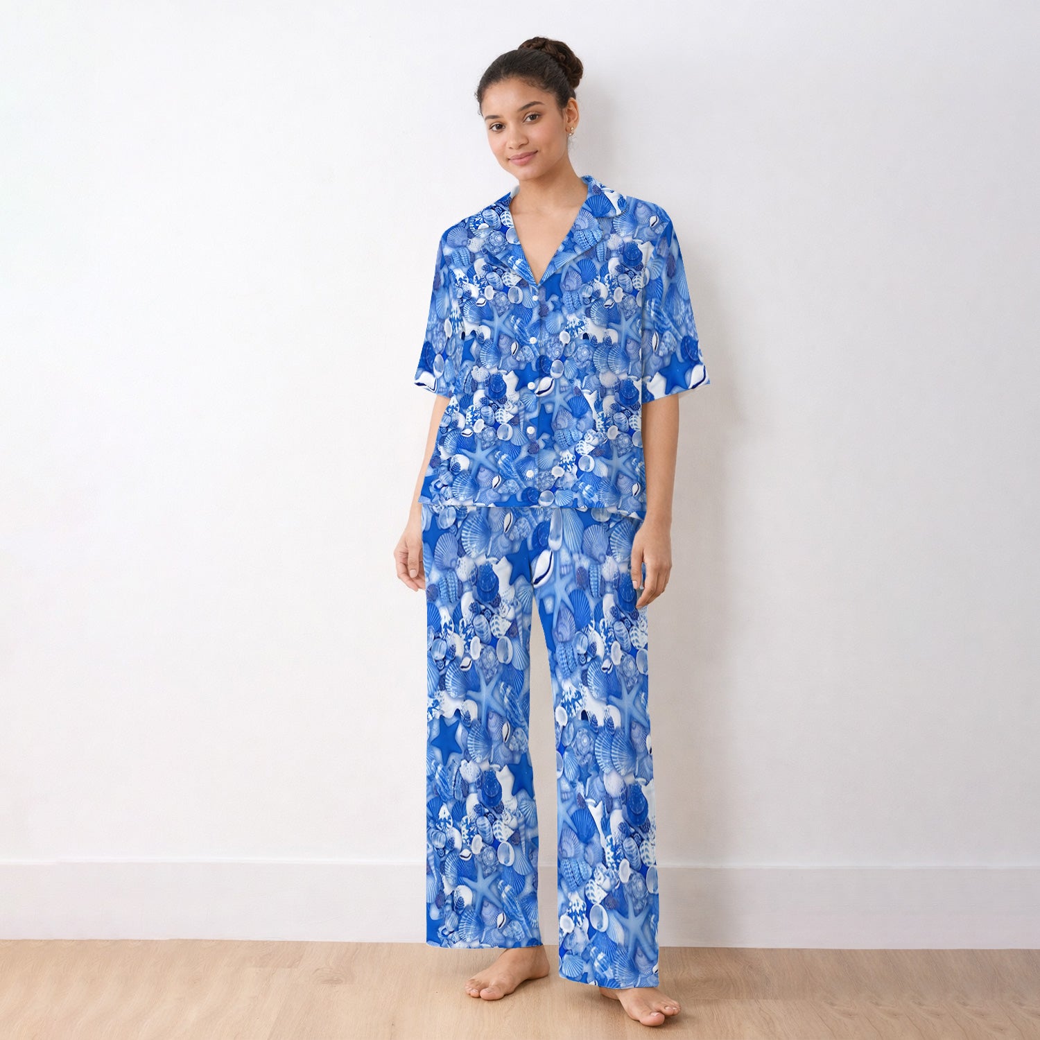 Blue Seashell Starfish Ocean Pattern Pajama Set, Soft Breathable Fabric Comfortable Sleepwear
