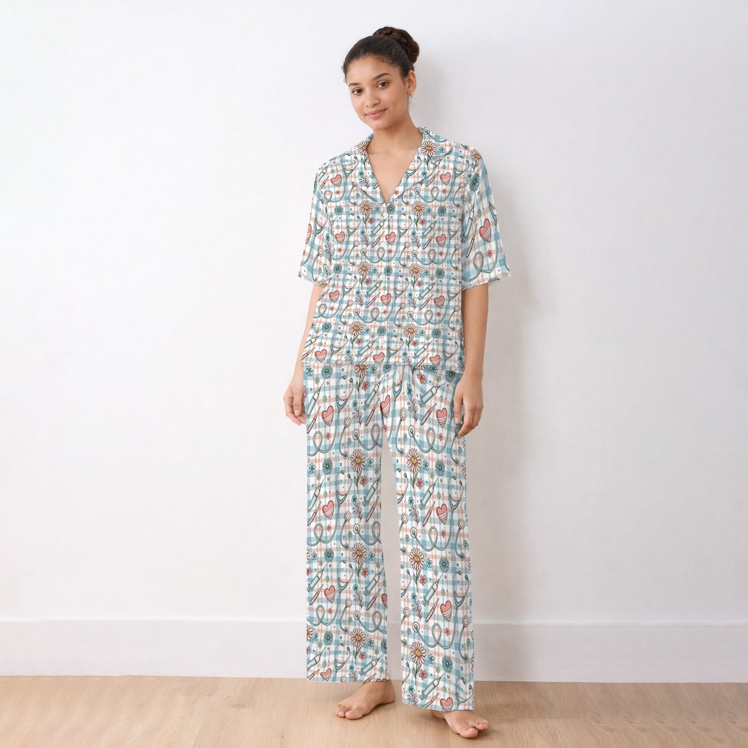 Stethoscope Heart Syringe Floral Plaid Pattern Pajama Set, Breathable Fabrics Uniform