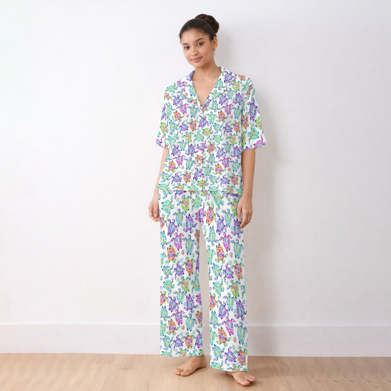 Colorful Sea Turtle Shell Pattern Pajama Set, Soft Breathable Fabric Comfortable Sleepwear