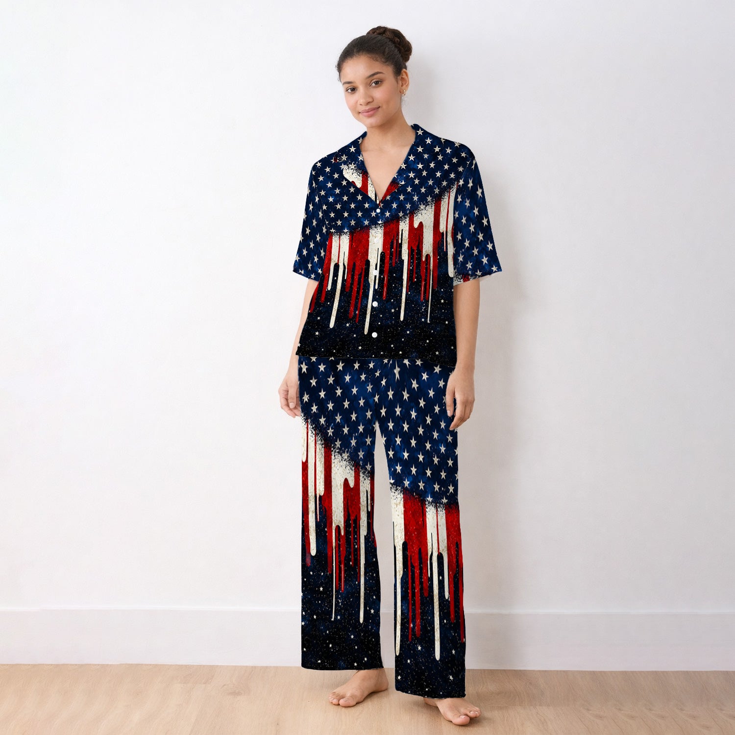 Festive Patriotic Dripping Flag Pattern Pajama Set, Soft Breathable Fabric Comfortable Sleepwear