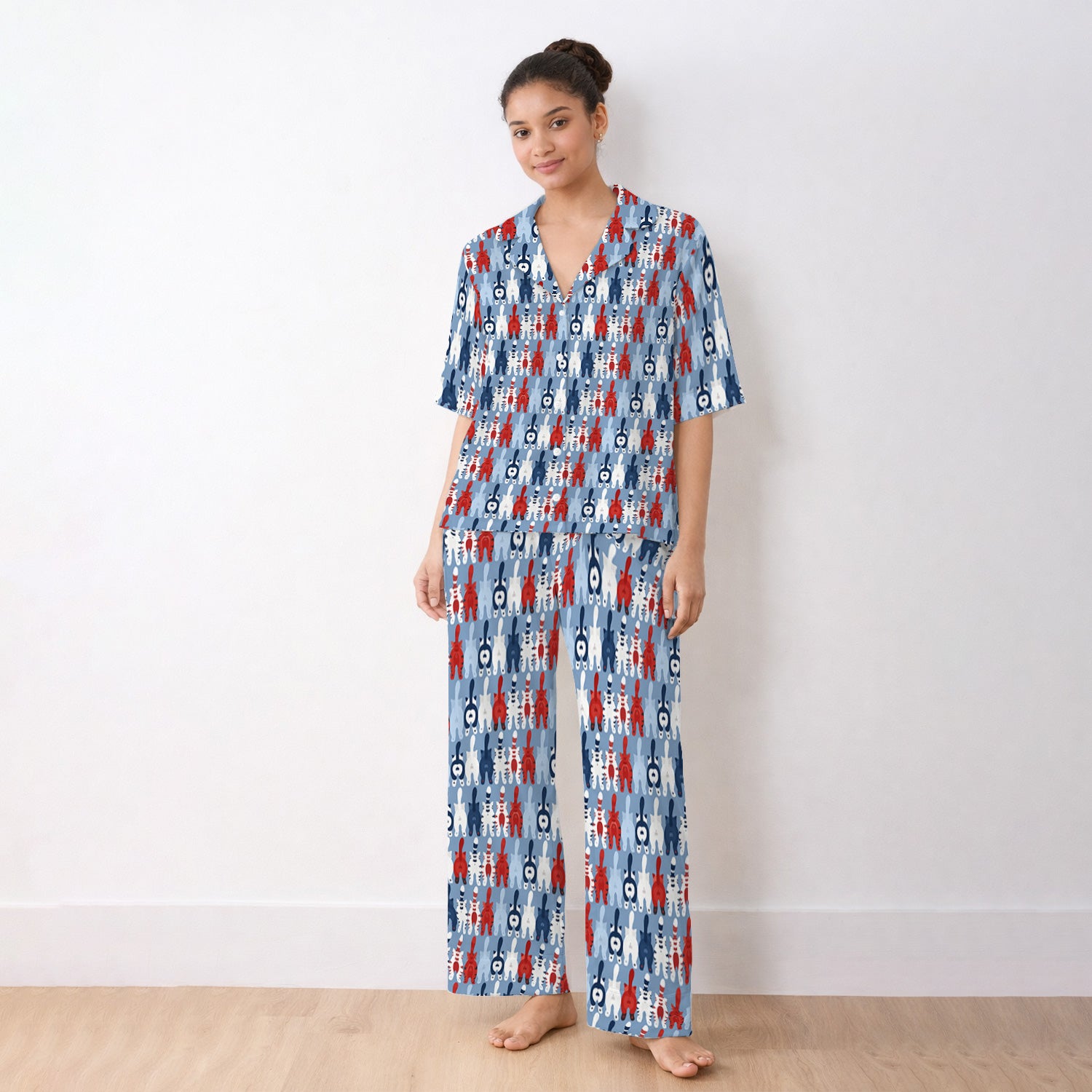 Colorful Patriotic Cat Tail Pattern Pajama Set, Soft Breathable Fabric Comfortable Sleepwear