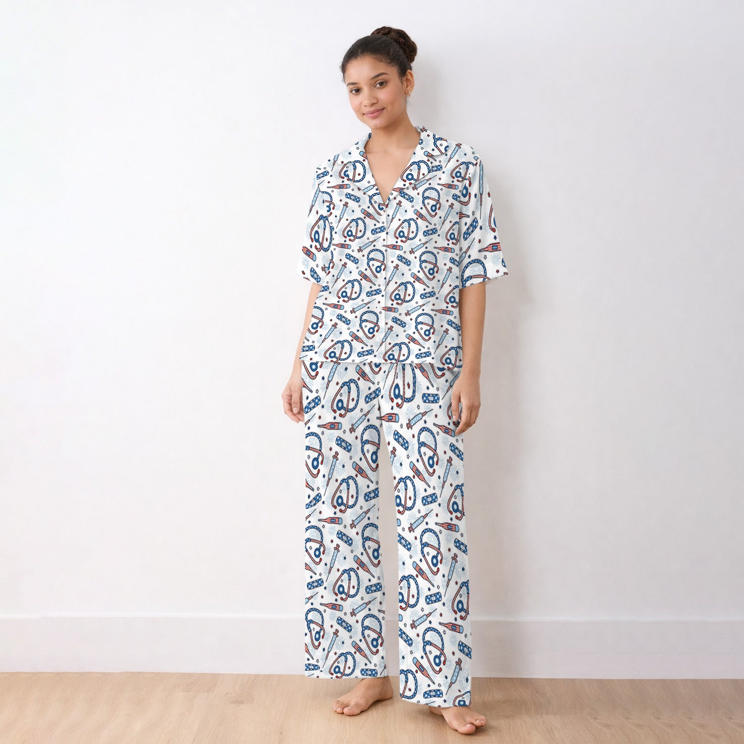 Funny Patriotic Stethoscope Bandage Nurse Pattern Pajama Set, Soft Breathable Fabric Comfortable Sleepwear