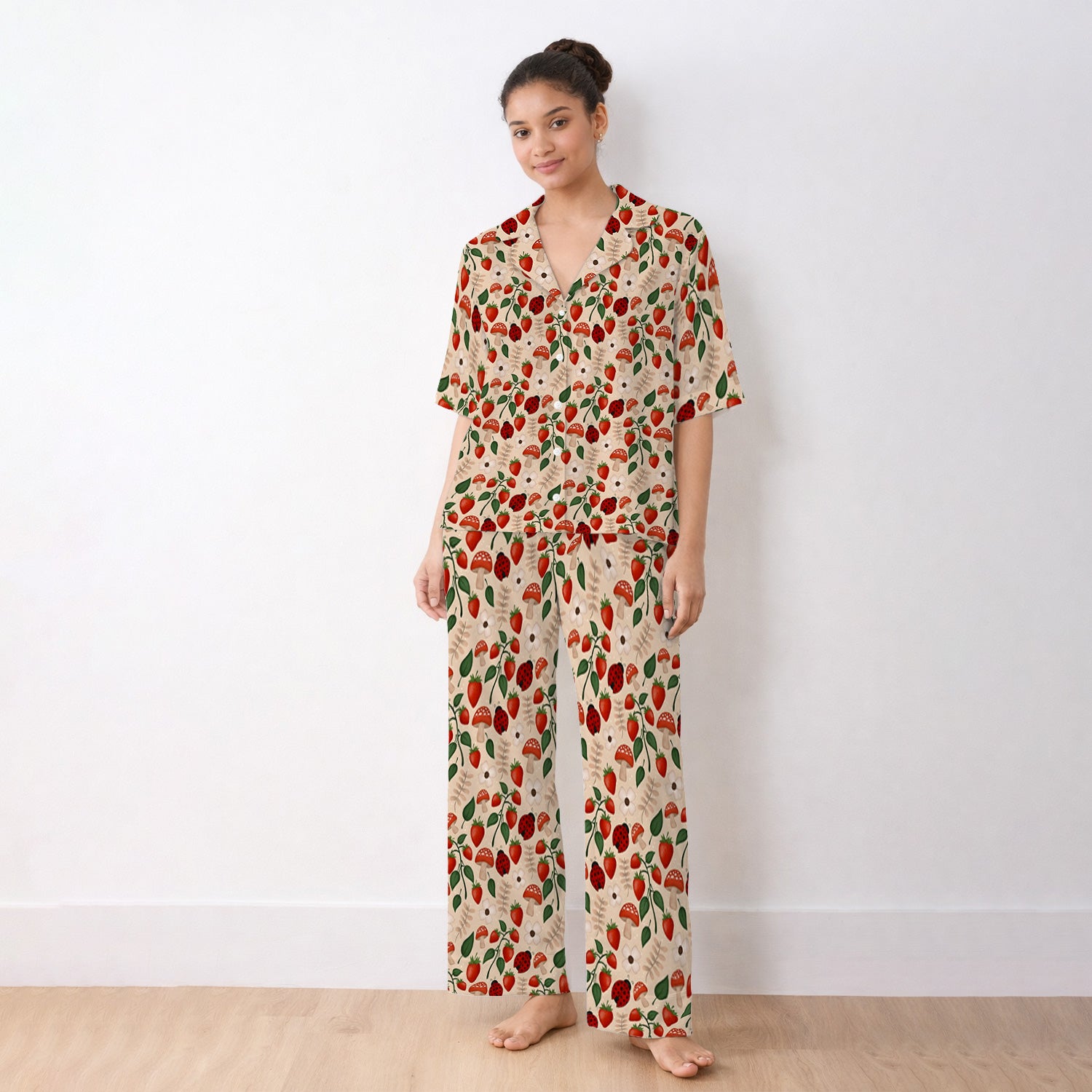 Strawberry Ladybug Mushroom Floral Pajama Set, Breathable Fabrics Uniform