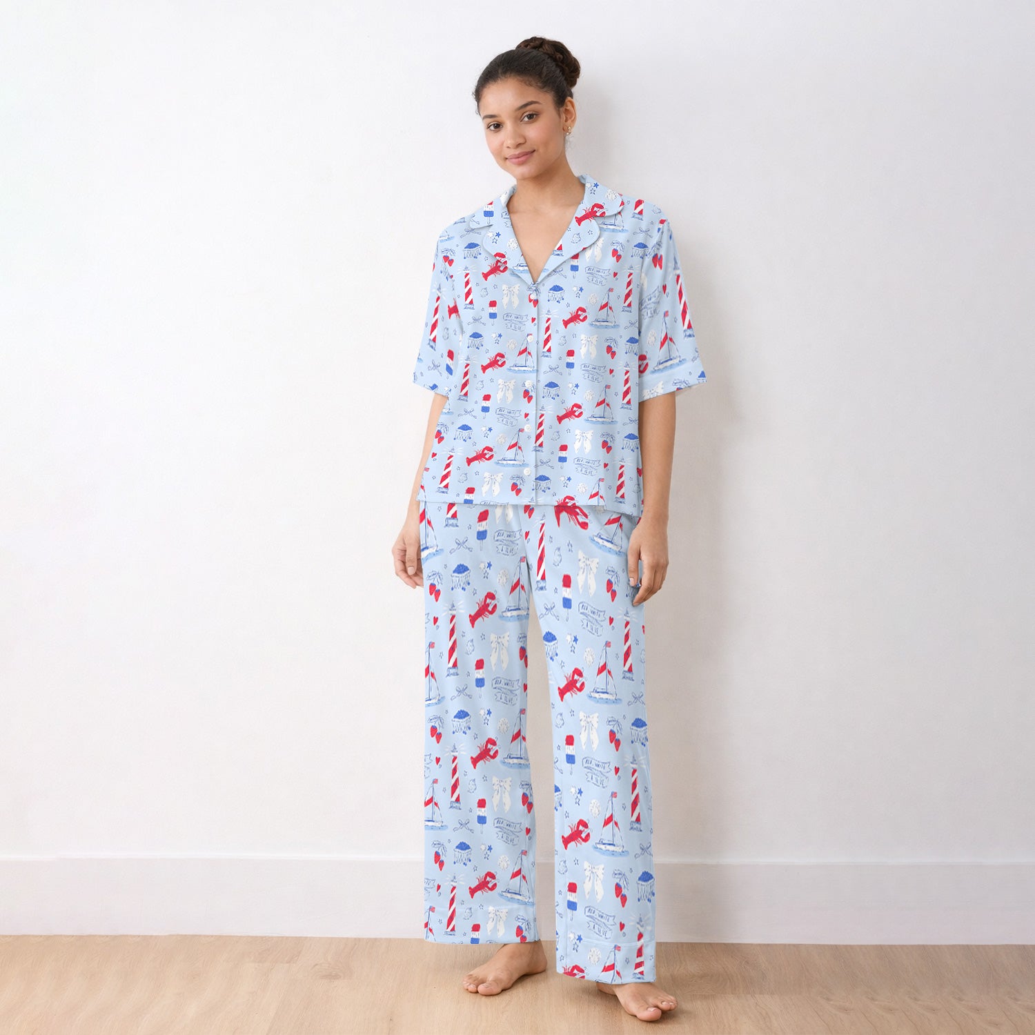 Lobster Lighthouse Sailboat Pattern Pajama Set, Soft Breathable Fabric Comfortable Sleepwear