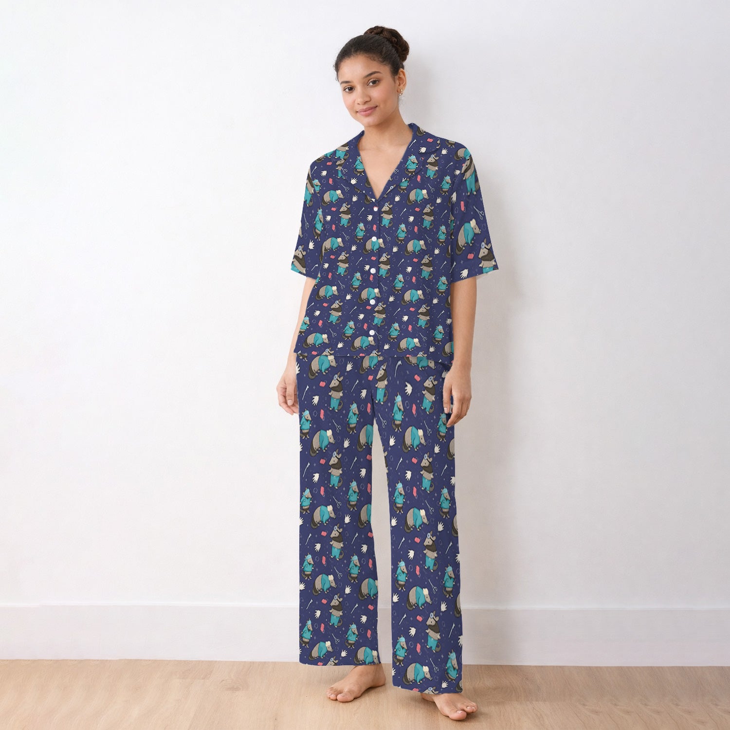 Armadillo Doctor Medical Tools Pattern Pajama Set, Breathable Fabrics Uniform