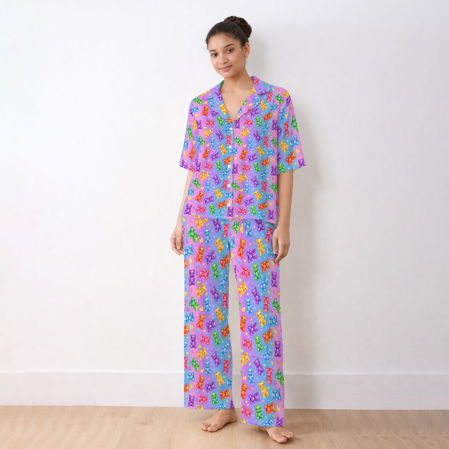 Colorful Gummy Bear Pattern Pajama Set, Breathable Fabrics Uniform