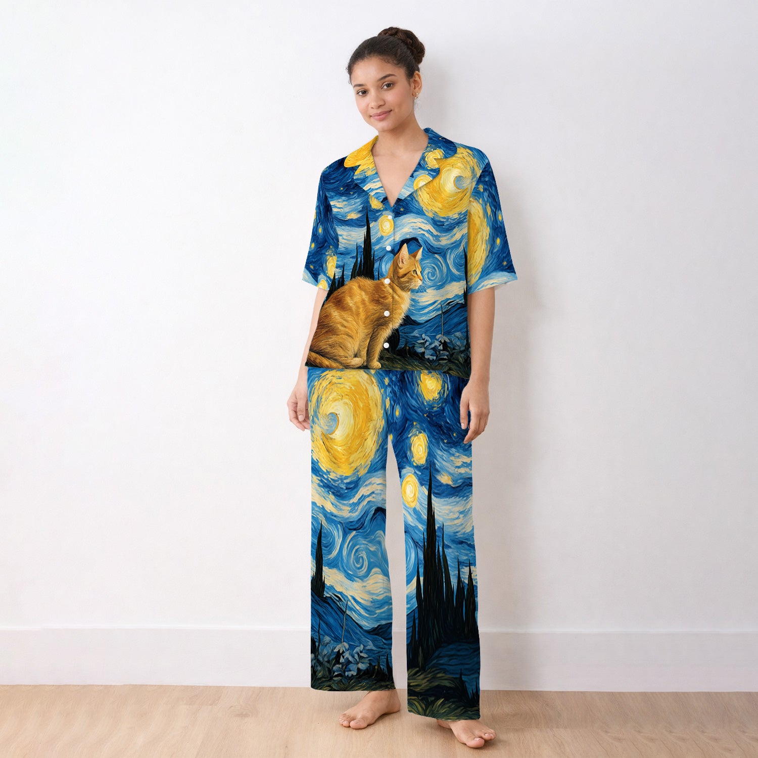 Swirling Moonlit Cat Scene Print Pajama Set, Soft Breathable Fabric Comfortable Sleepwear