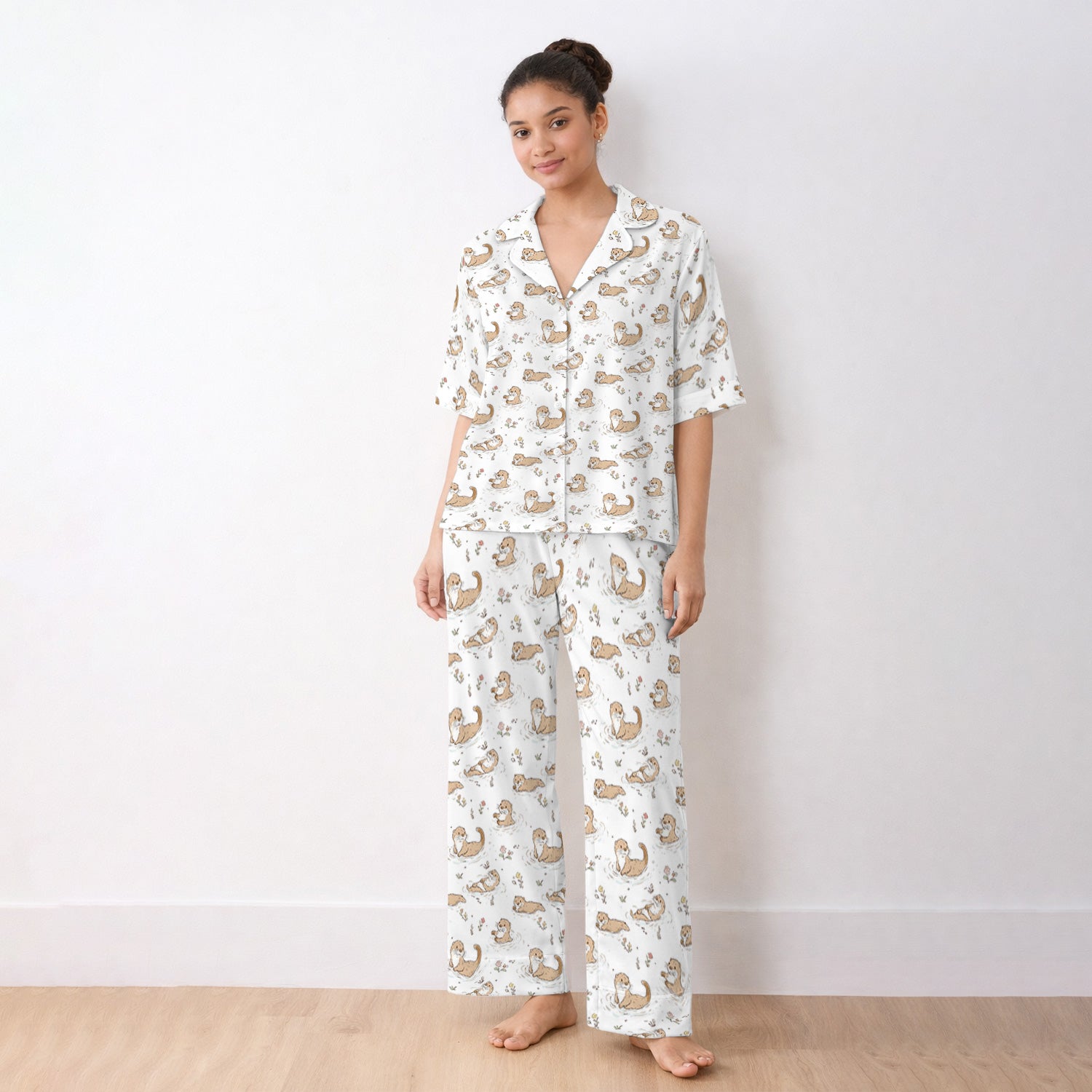 Otter Swimming Floating Water Pattern Pajama Set, Breathable Fabrics Uniform