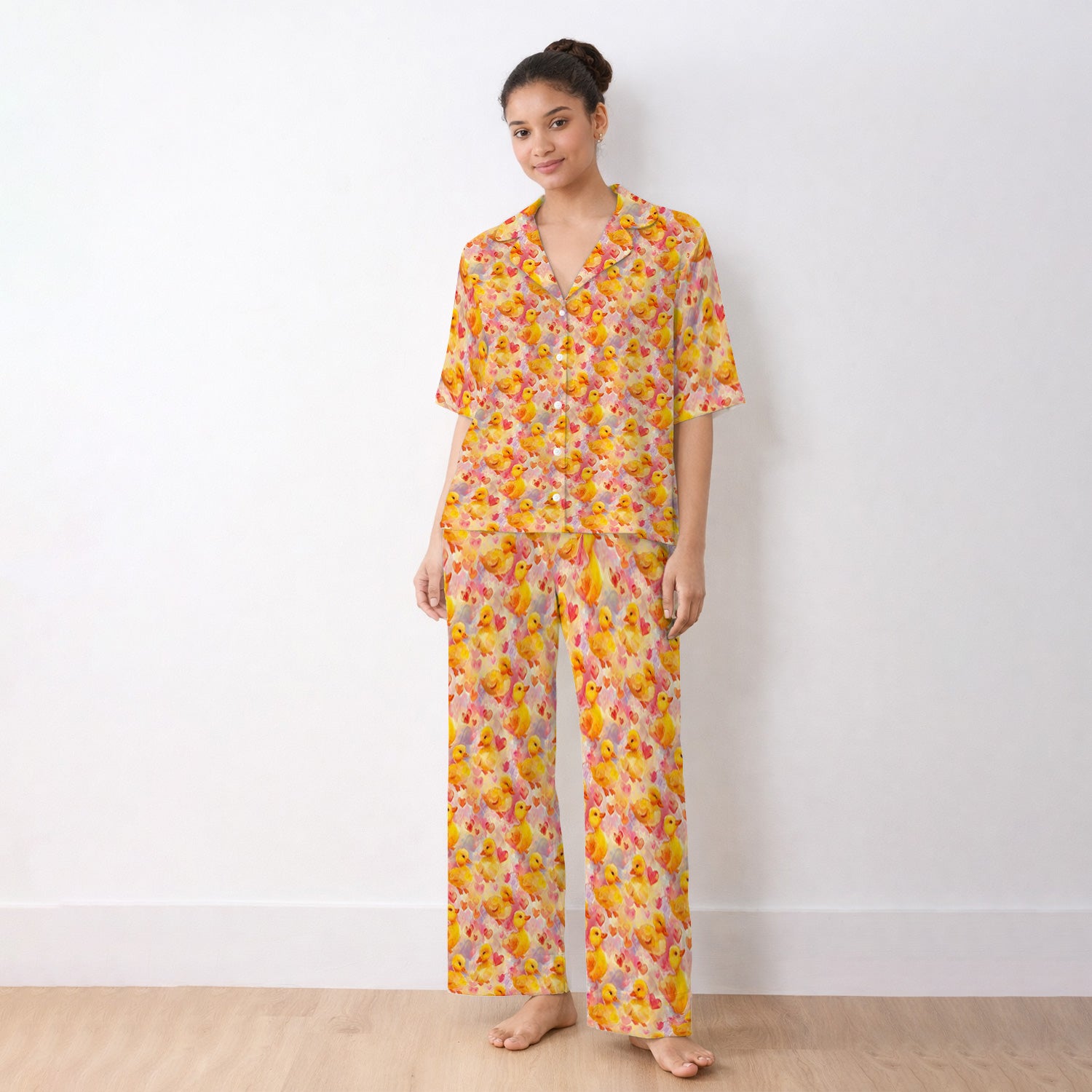 Cute Duck Heart Watercolor Pattern Pajama Set, Soft Breathable Fabric Comfortable Sleepwear