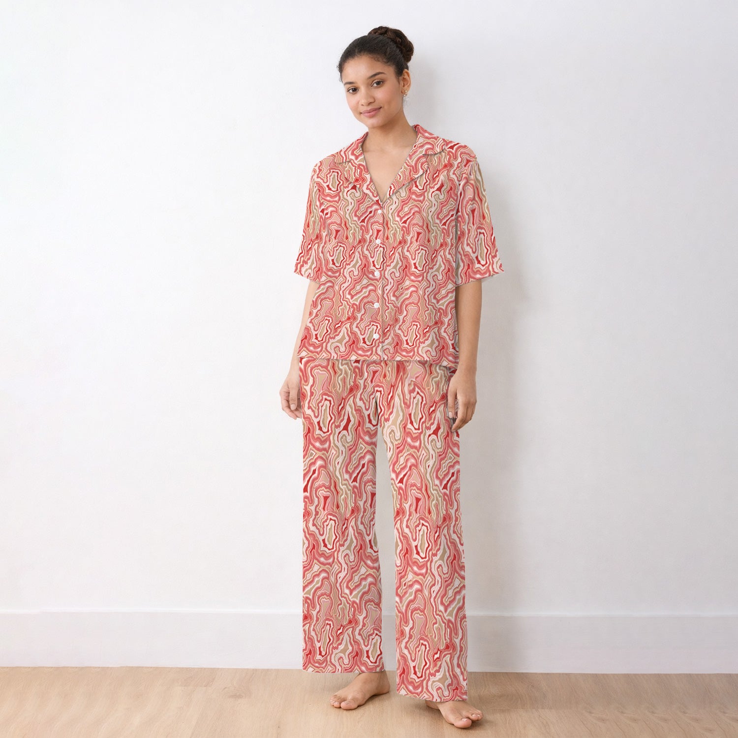 Pink Marble Swirl Abstract Pattern Pajama Set, Soft Breathable Fabric Comfortable Sleepwear