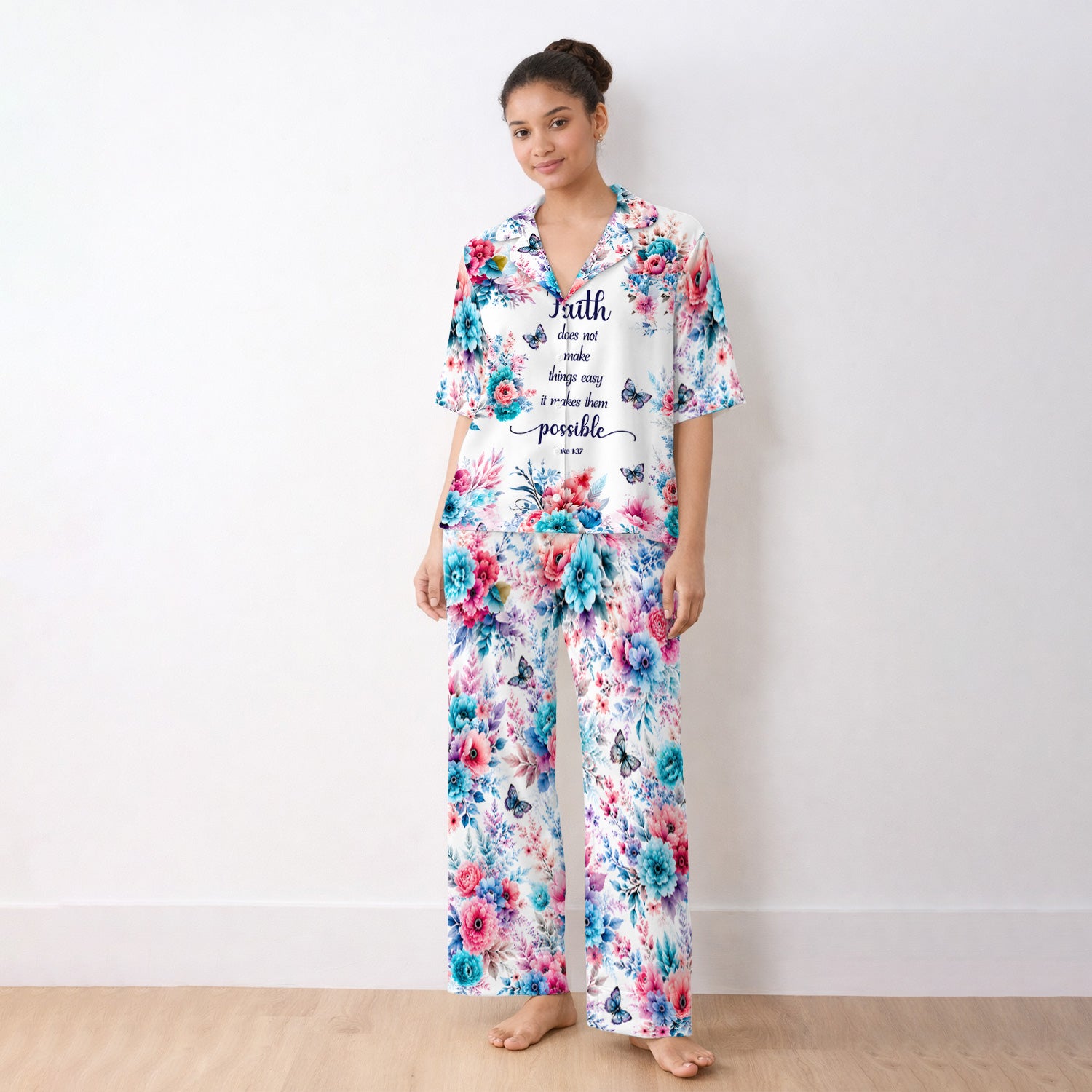 Inspirational Faith Floral Butterfly Pattern Pajama Set, Soft Breathable Fabric Comfortable Sleepwear