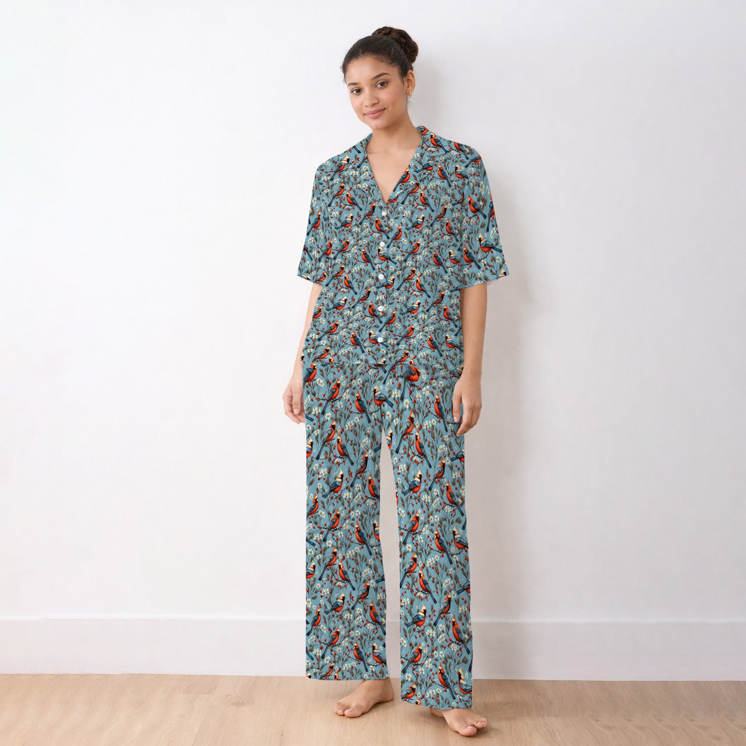 Cute Cardinal Berry Blossom Pattern Pajama Set, Soft Breathable Fabric Comfortable Sleepwear