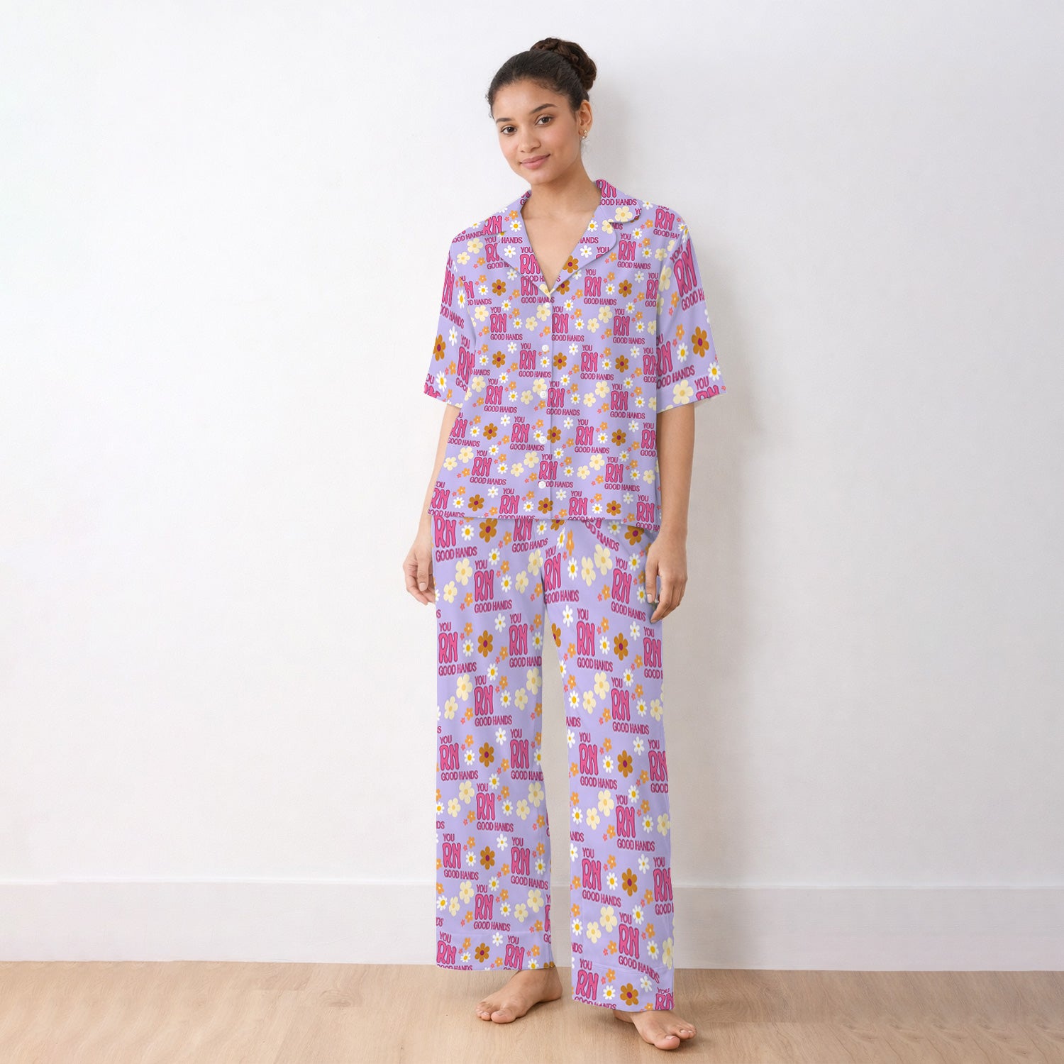 You RN Good Hands Floral Daisy Pattern Pajama Set, Breathable Fabrics Uniform