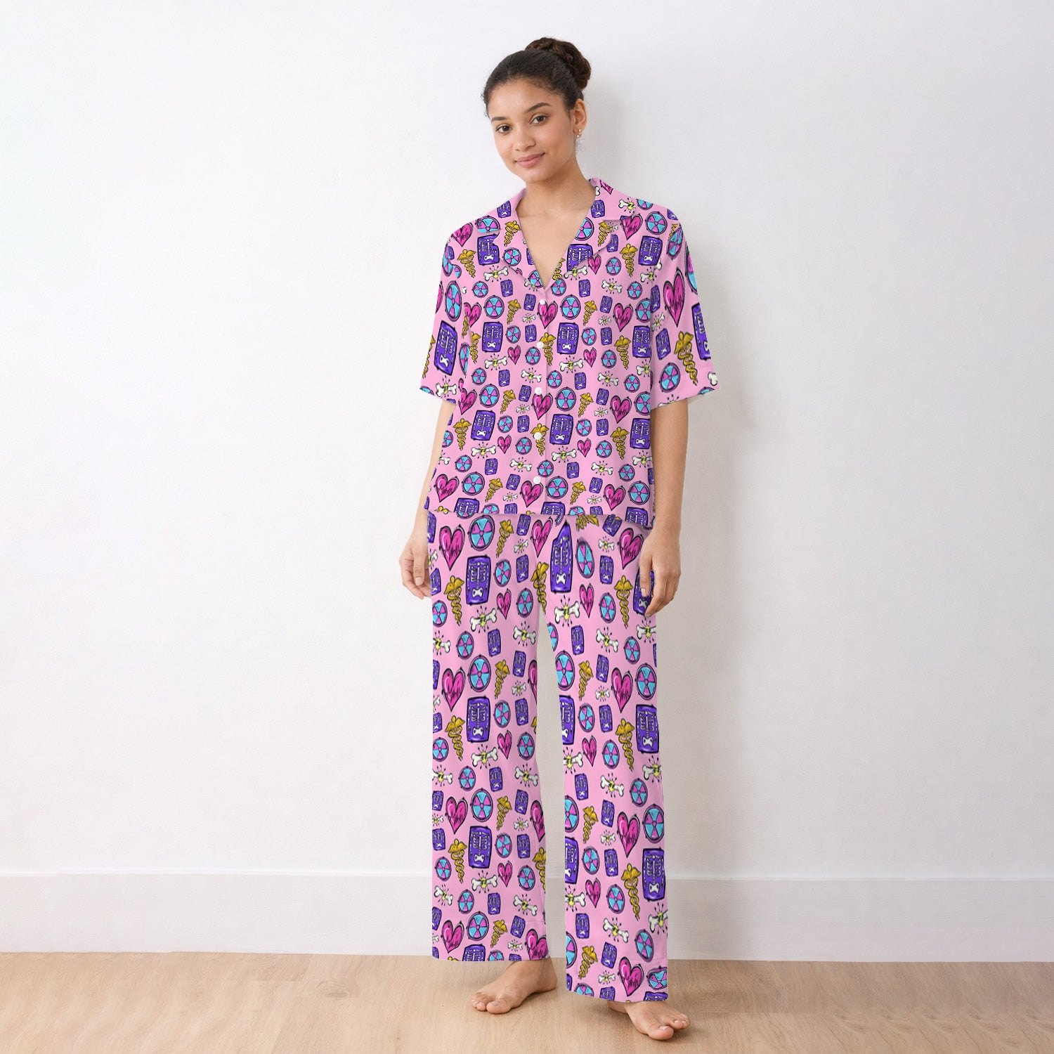 Sassy Nurse Heart Bone Caduceus Xray Icon Print Pajama Set, Soft Breathable Fabric Comfortable Sleepwear