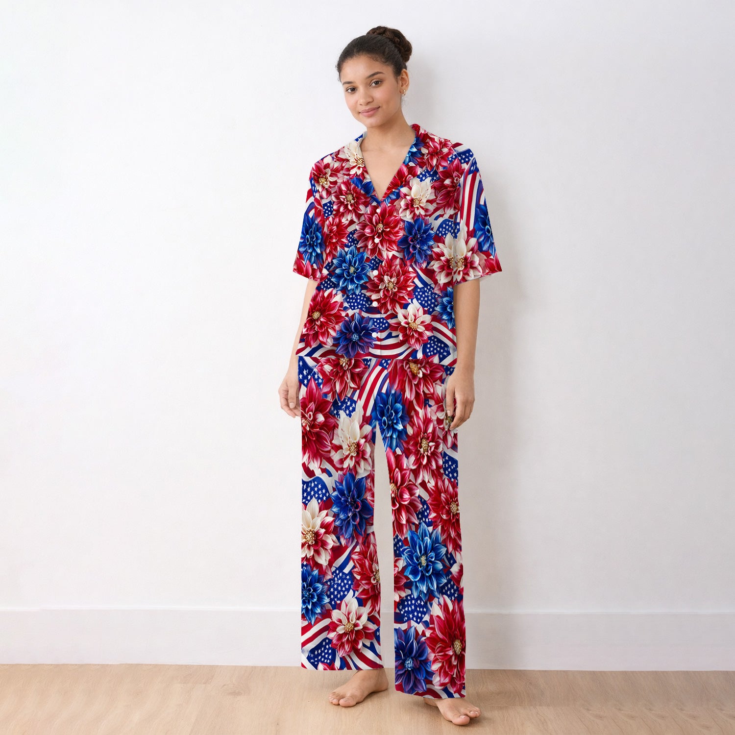 Festive Patriotic Floral Flag Pattern Pajama Set, Soft Breathable Fabric Comfortable Sleepwear