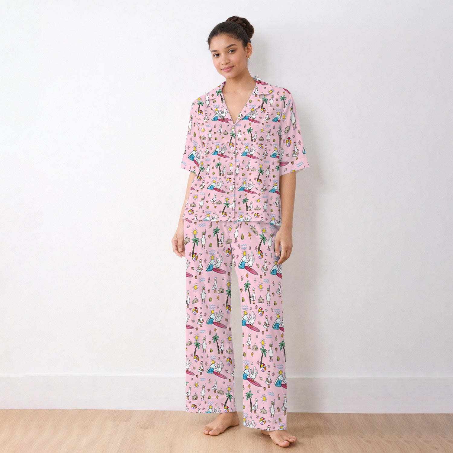 Cute Nurse Seagull Surfboard Beach Palm Tree Pattern Pajama Set, Soft Breathable Fabric Comfortable Sleepwear