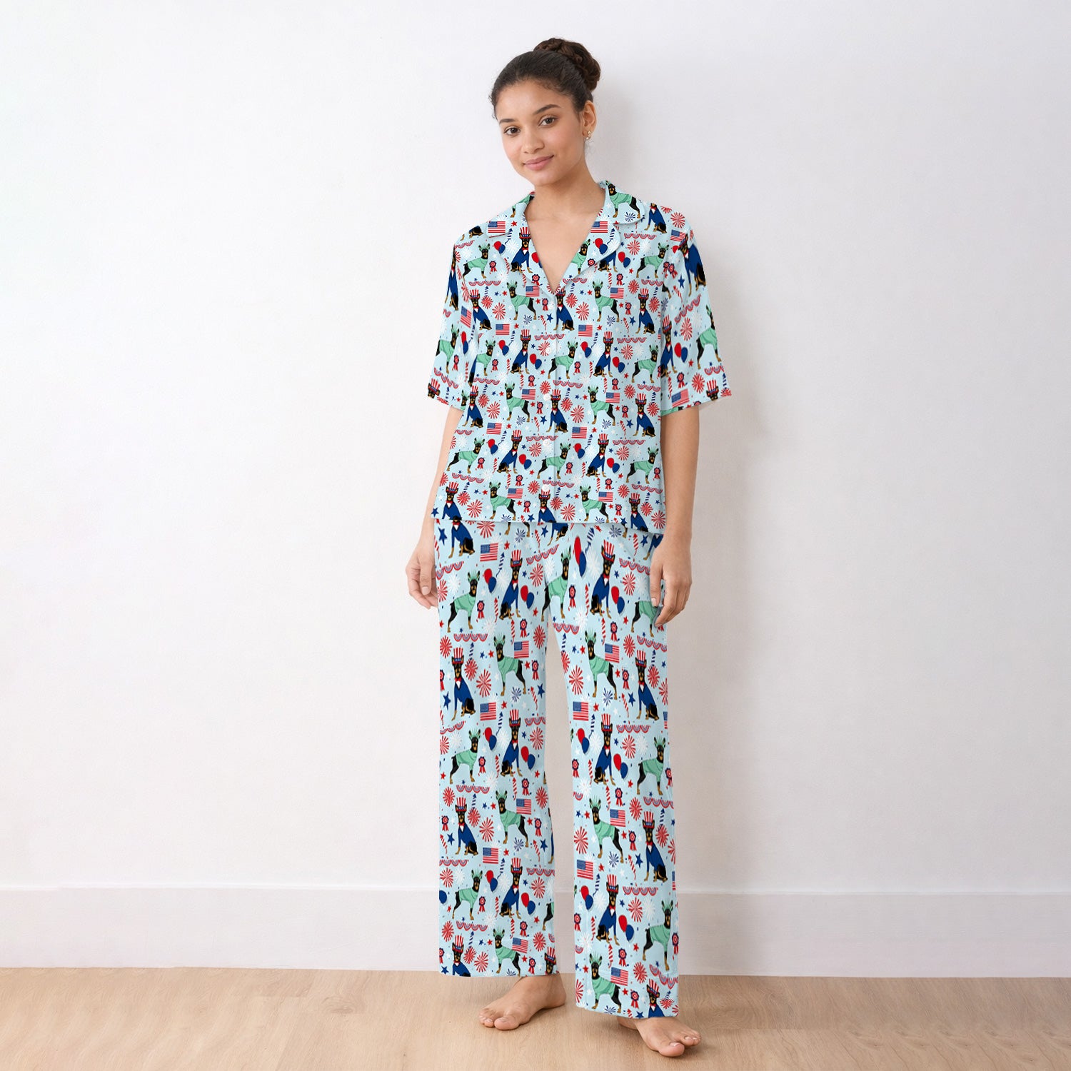 Patriotic Doberman Liberty Fireworks Pattern Pajama Set, Soft Breathable Fabric Comfortable Sleepwear