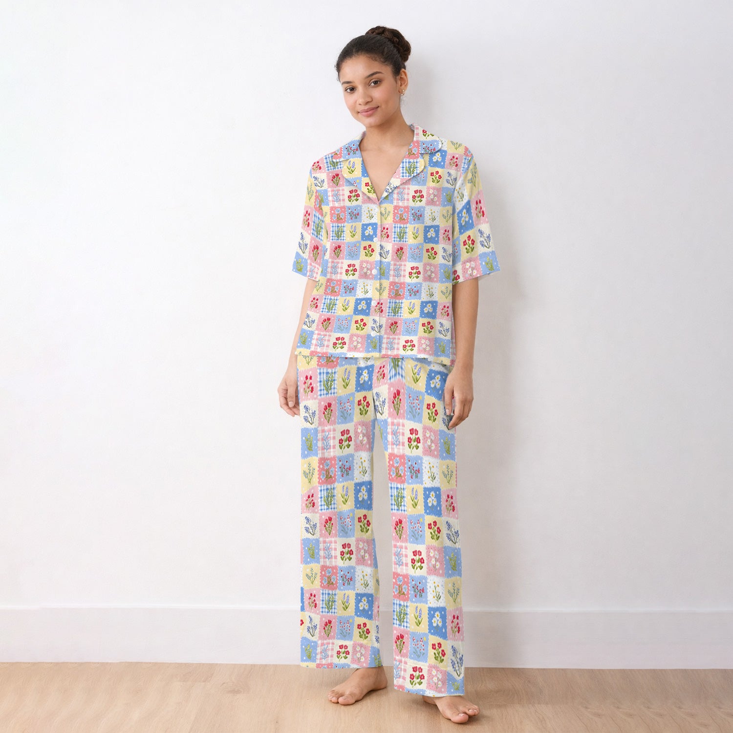 Pastel Patchwork Wildflower Garden Print Pajama Set, Soft Breathable Fabric Comfortable Sleepwear