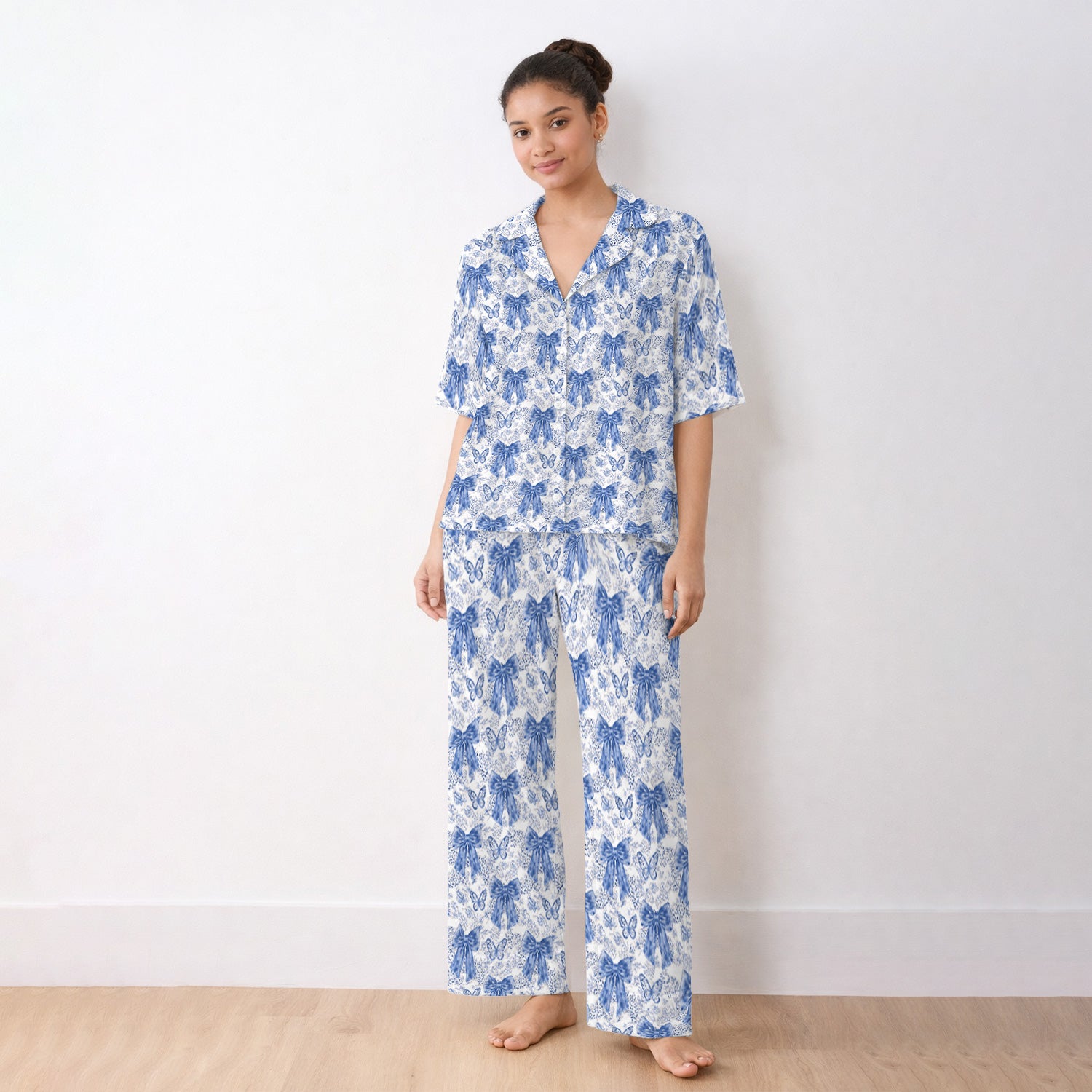 Blue Bow And Butterfly Vintage Floral Pajama Set, Breathable Fabrics Uniform