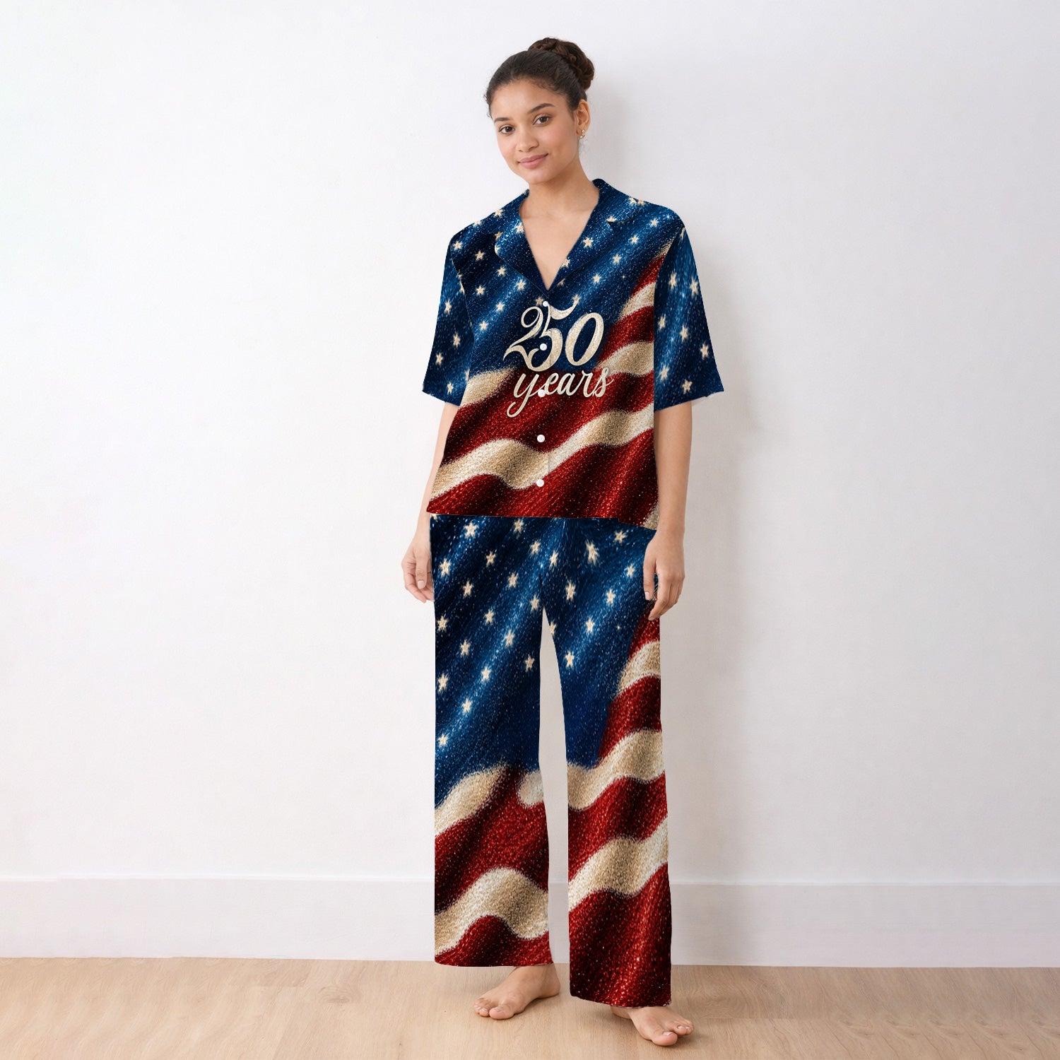 Festive American Flag 250 Years Pattern Pajama Set, Soft Breathable Fabric Comfortable Sleepwear