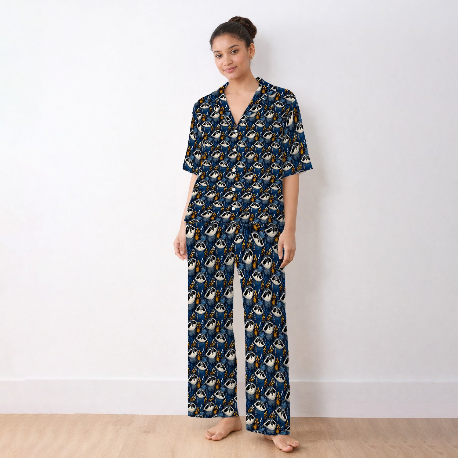 Raccoon With Blue Floral Forest Pattern Pajama Set, Breathable Fabrics Uniform