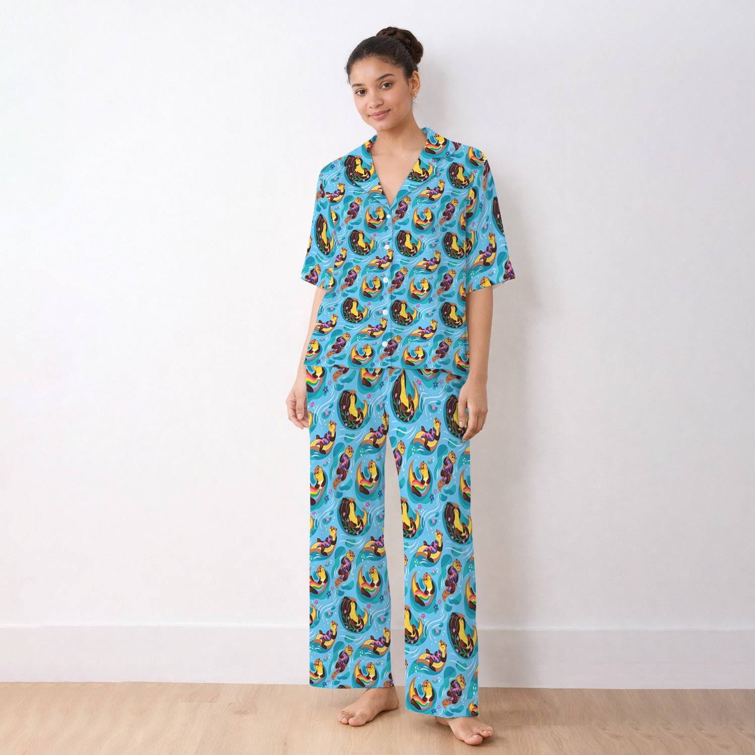Otter Floating River Rainbow Pattern Pajama Set, Soft Breathable Fabric Comfortable Sleepwear
