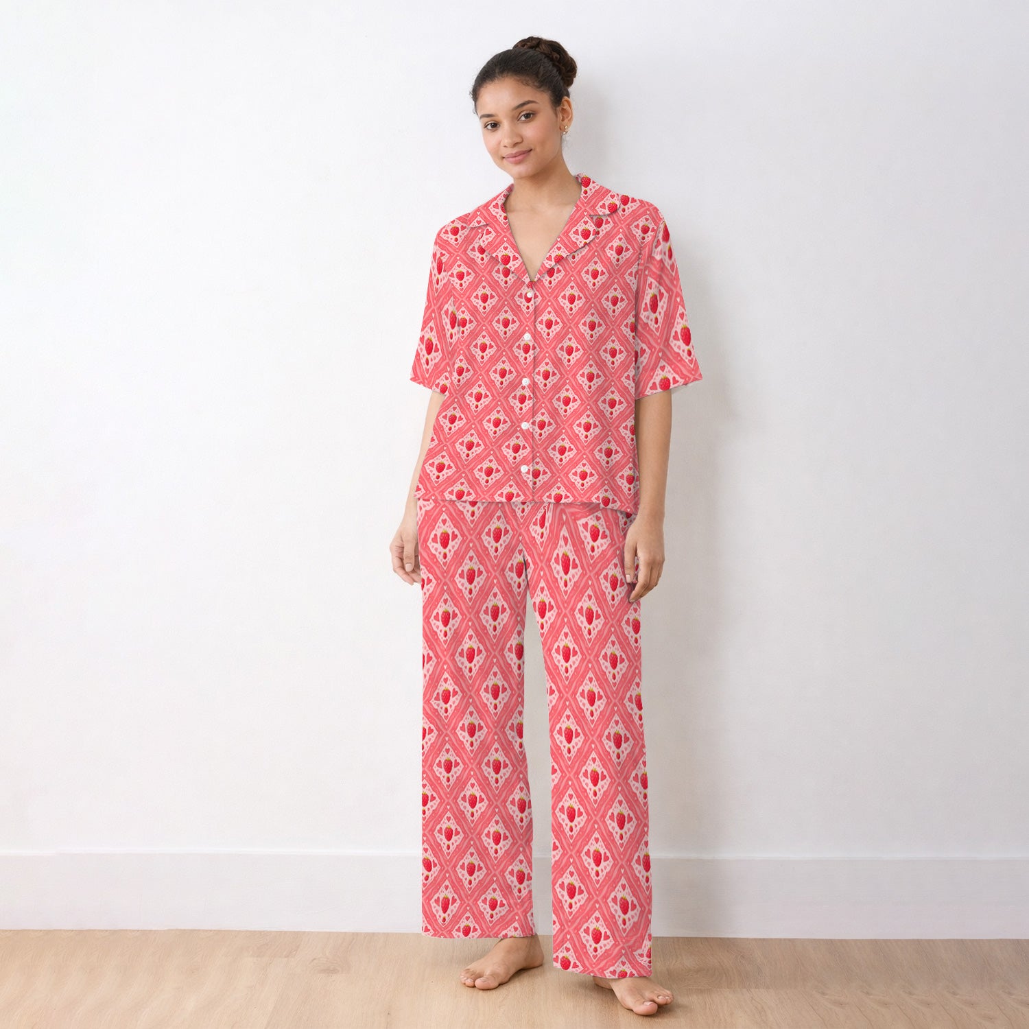 Cute Raspberry Heart Diamond Pattern Pajama Set, Soft Breathable Fabric Comfortable Sleepwear