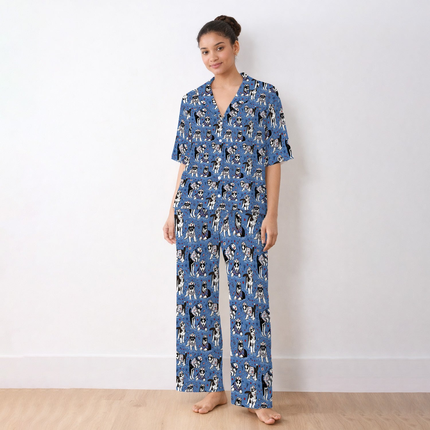 Cute Nurse Husky Dog Medical Pattern Pajama Set, Soft Breathable Fabric Comfortable Sleepwear