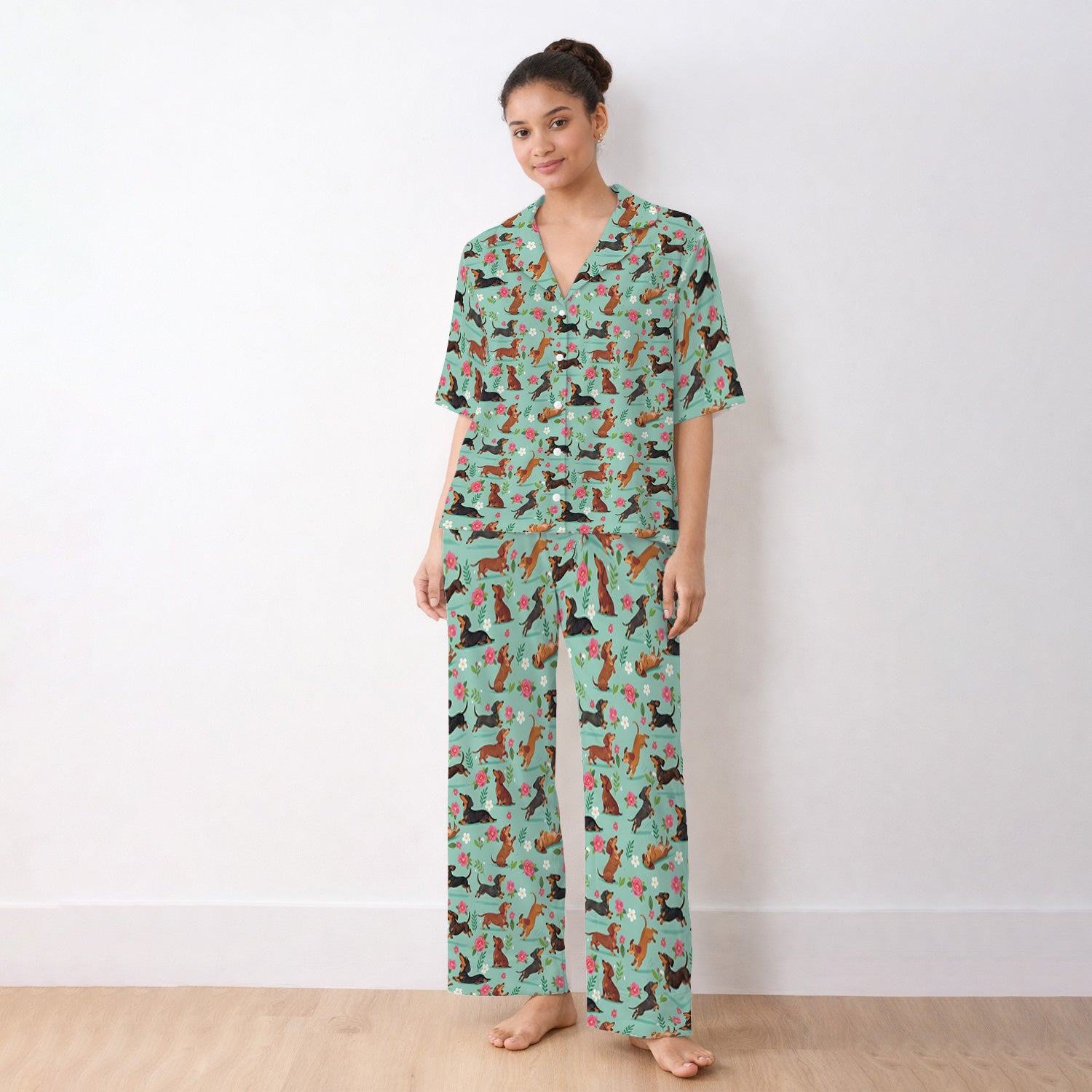 Cute Floral Dachshund Puppy Pattern Pajama Set, Soft Breathable Fabric Comfortable Sleepwear