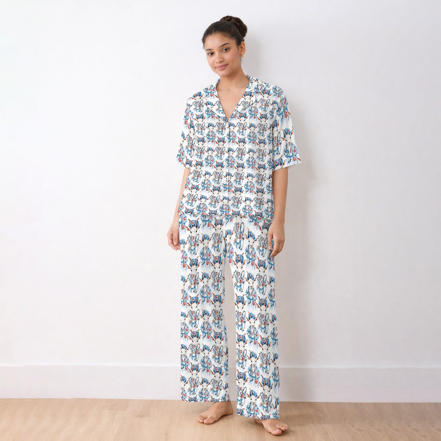 Cute Goat Animal Lover Pattern Pajama Set, Soft Breathable Fabric Comfortable Sleepwear