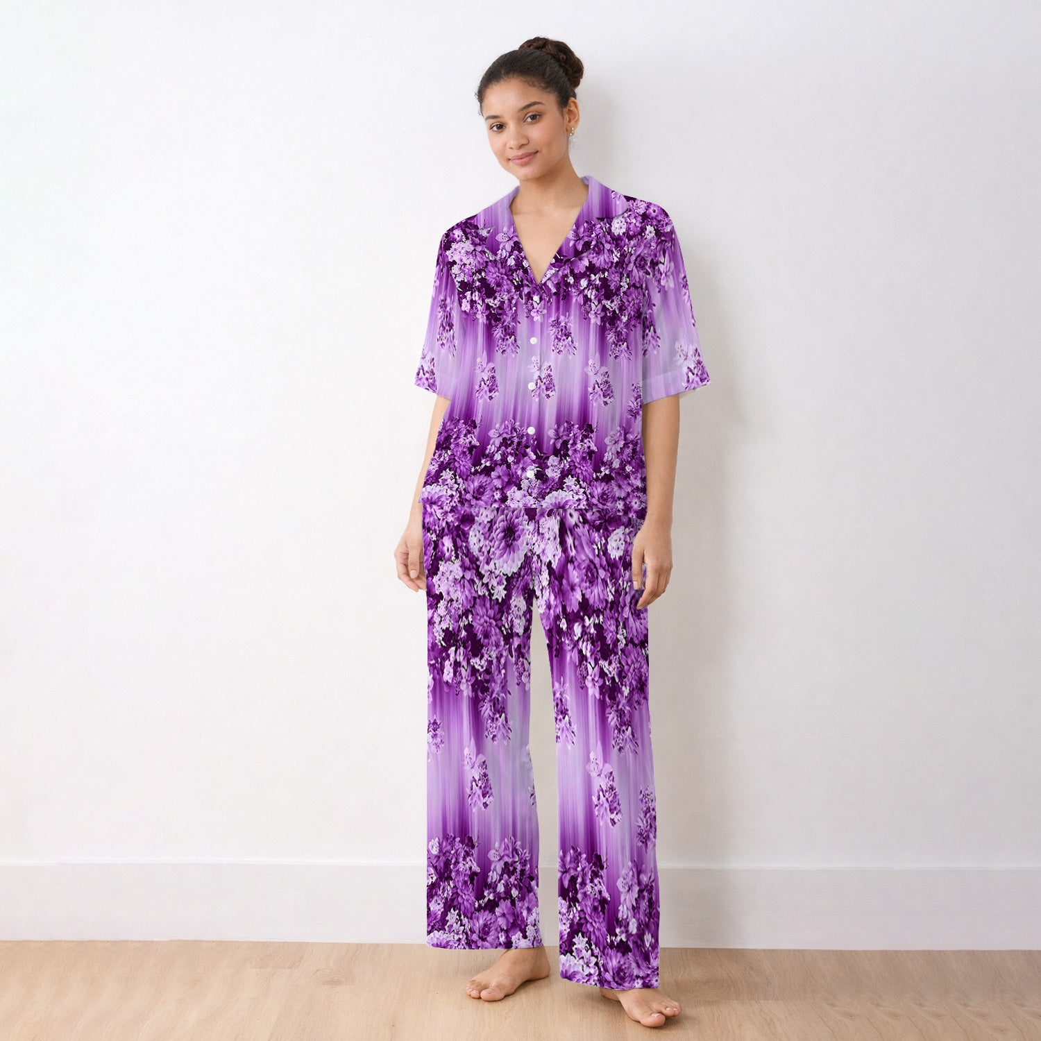 Purple Blossom Garden Pattern Pajama Set, Soft Breathable Fabric Comfortable Sleepwear