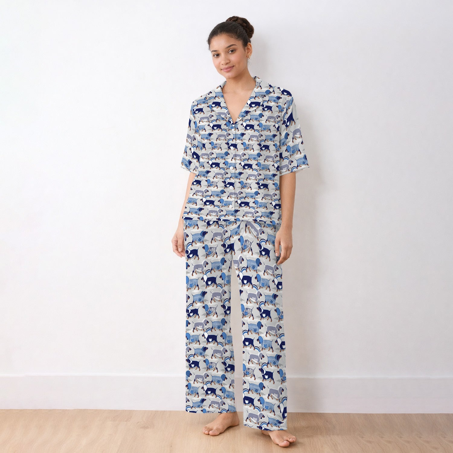 Cute Dachshund Raincoat Parade Pattern Pajama Set, Soft Breathable Fabric Comfortable Sleepwear