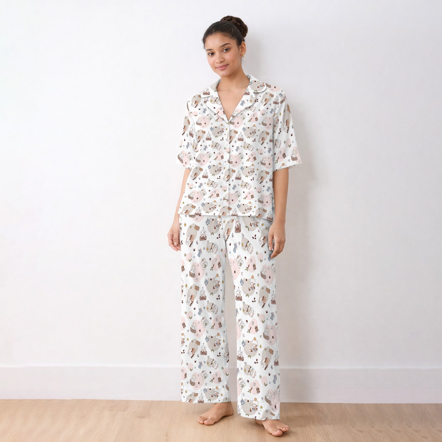 Cute Cat With Coffee Paw Heart Pattern Pajama Set, Soft Breathable Fabric Comfortable Sleepwear