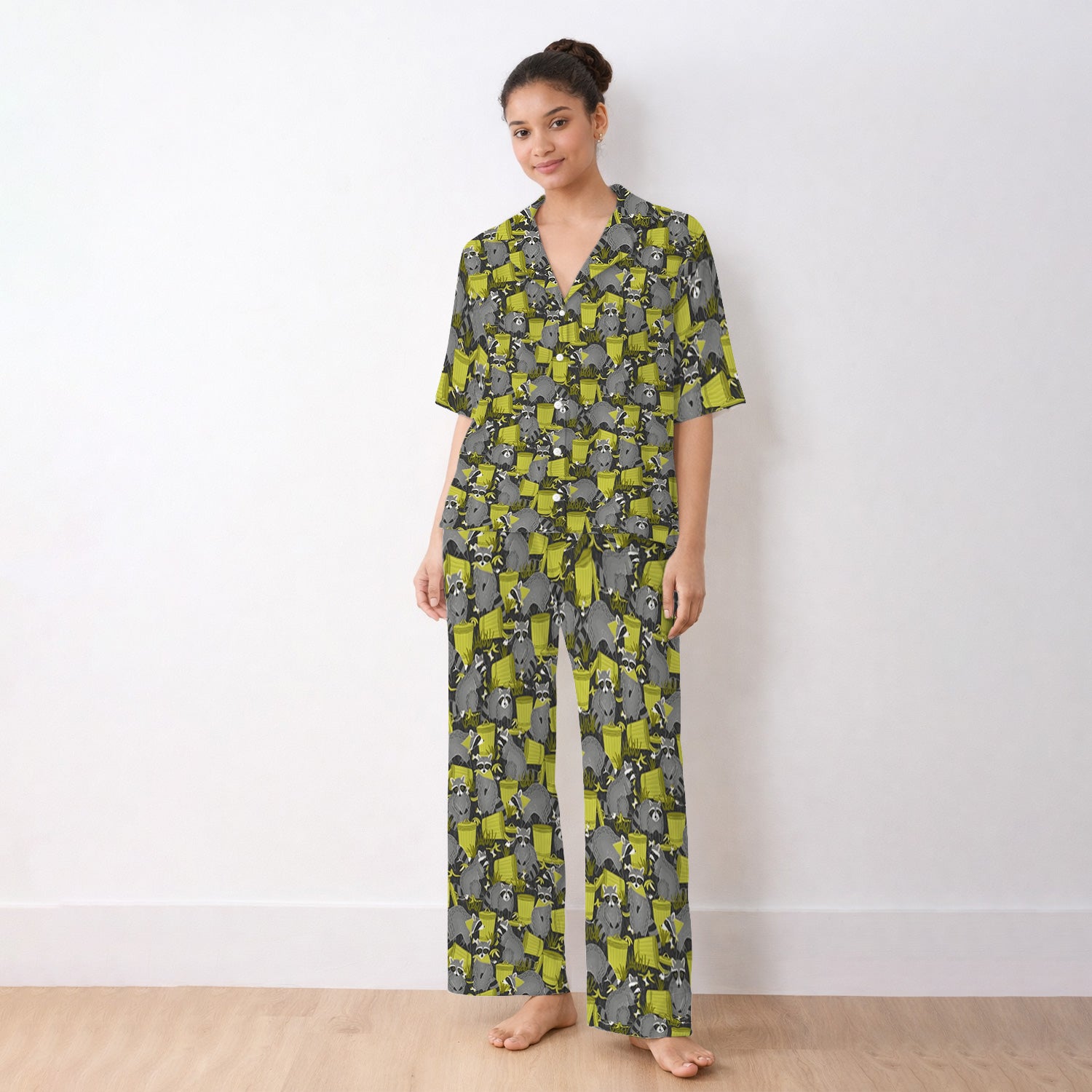 Cute Raccoon Trash Panda Pattern Pajama Set, Breathable Fabrics Uniform