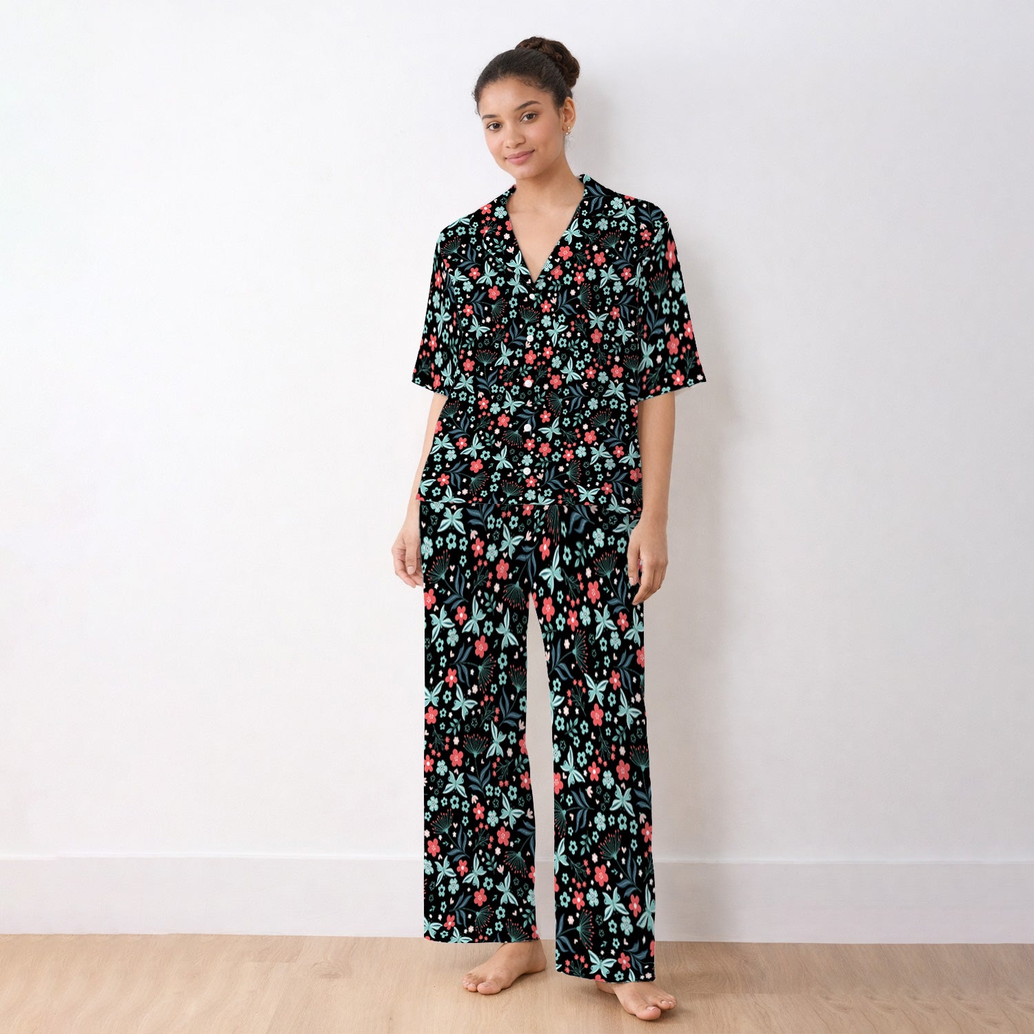 Cute Floral Butterfly Garden Print Pajama Set, Soft Breathable Fabric Comfortable Sleepwear