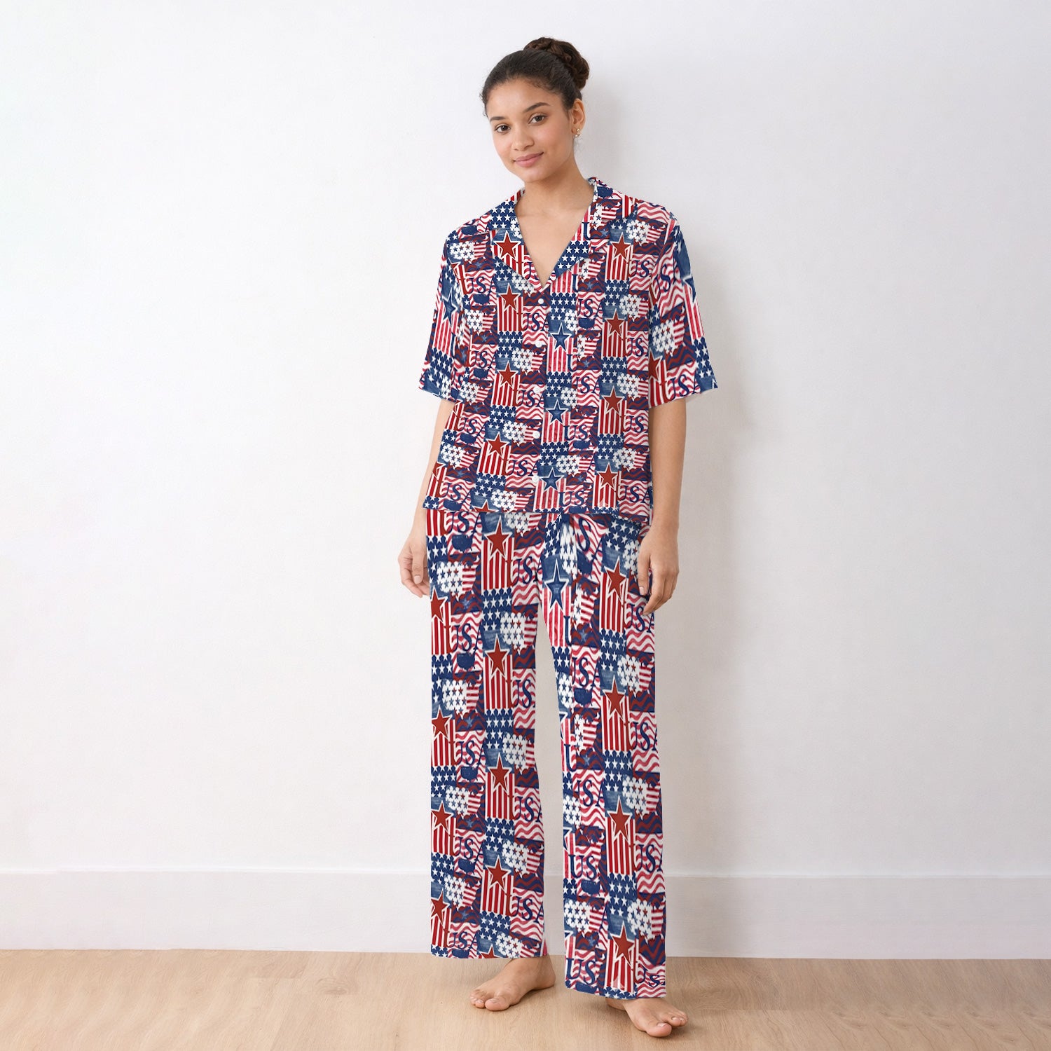 Patriotic USA Star Patchwork Pattern Pajama Set, Soft Breathable Fabric Comfortable Sleepwear