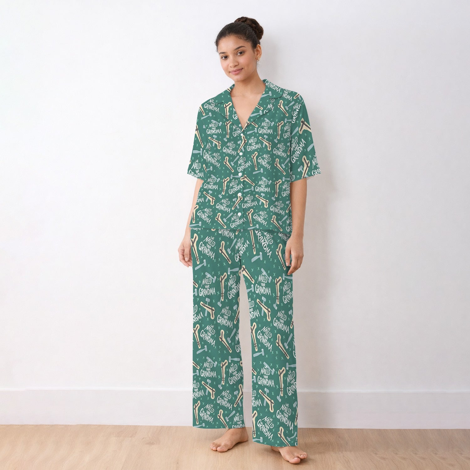 Funny Orthopedic Bone Hammer We Nailed Your Grandma Pattern Pajama Set, Breathable Fabrics Uniform