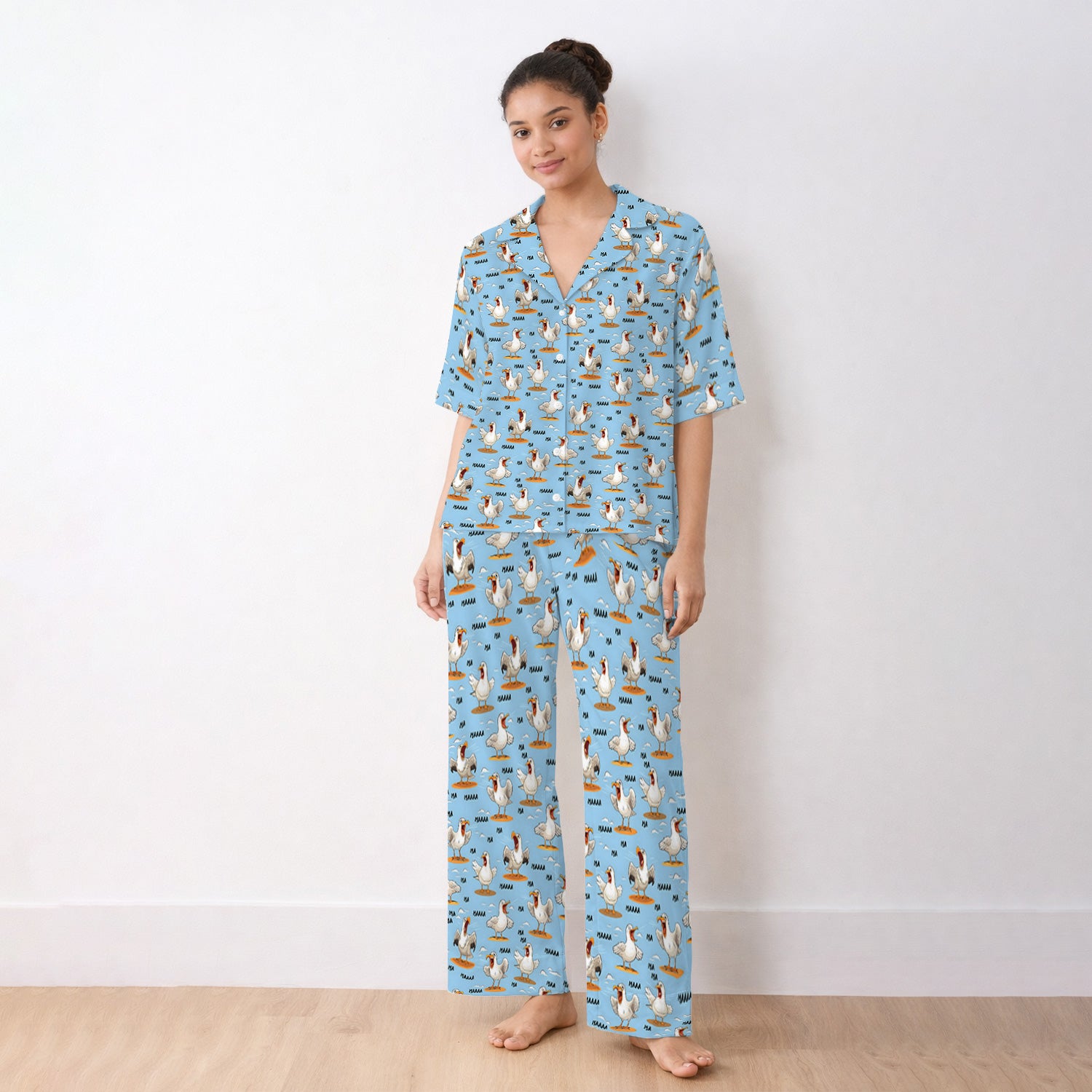 Funny Screaming Seagull Sky Pattern Pajama Set, Soft Breathable Fabric Comfortable Sleepwear