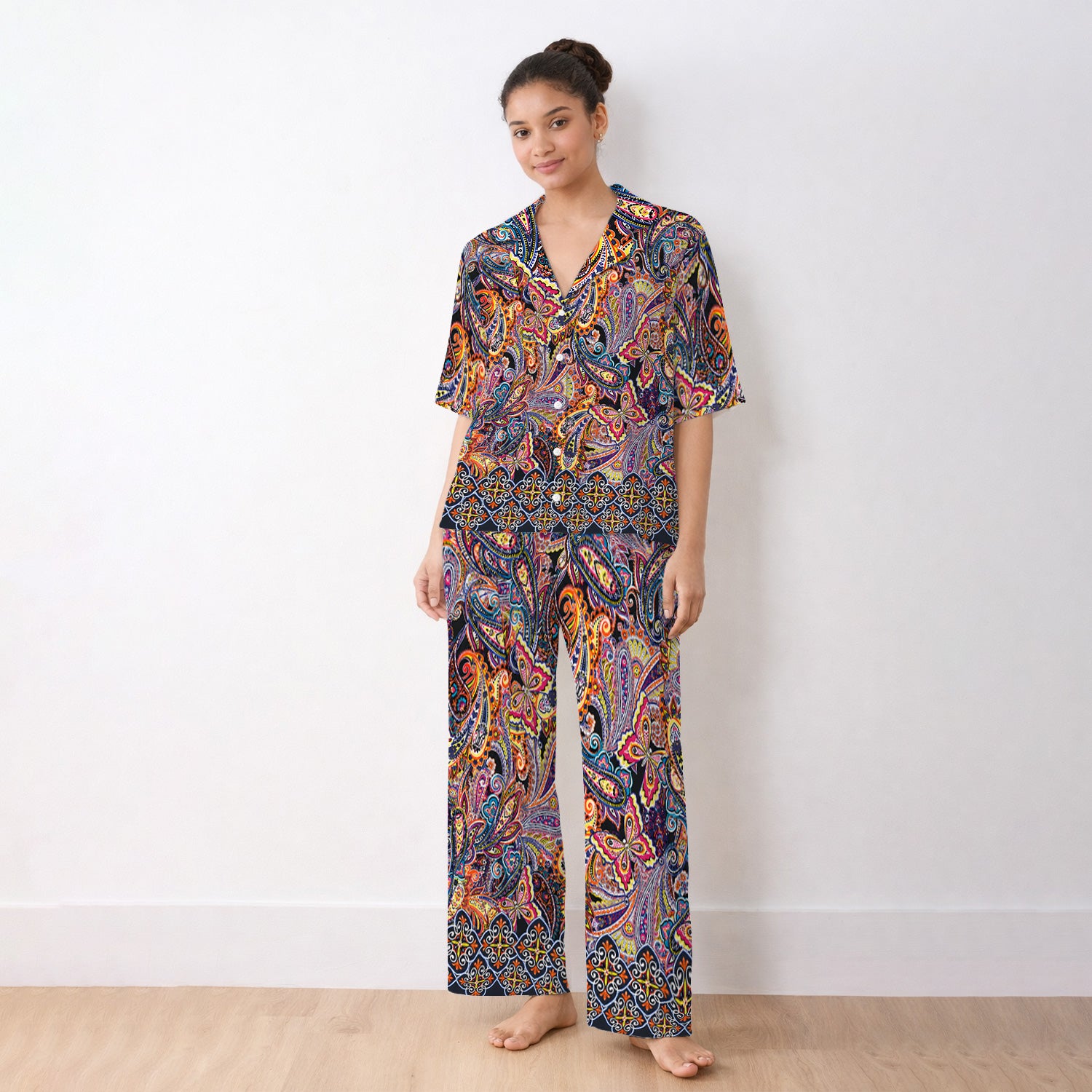 Colorful Bohemian Paisley Floral Pattern Pajama Set, Soft Breathable Fabric Comfortable Sleepwear