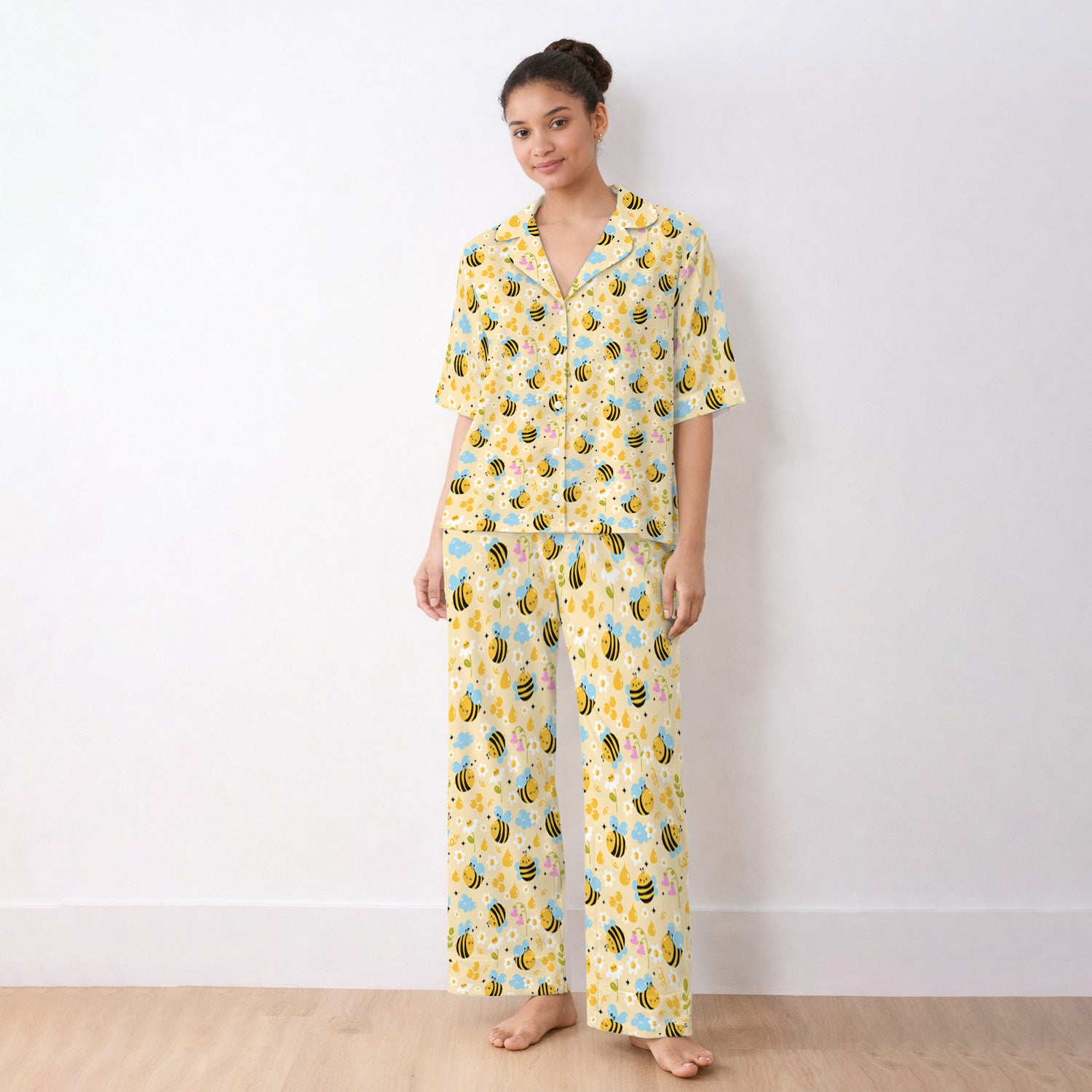 Honey Bee Flower Cloud Pattern Pajama Set, Breathable Fabrics Uniform