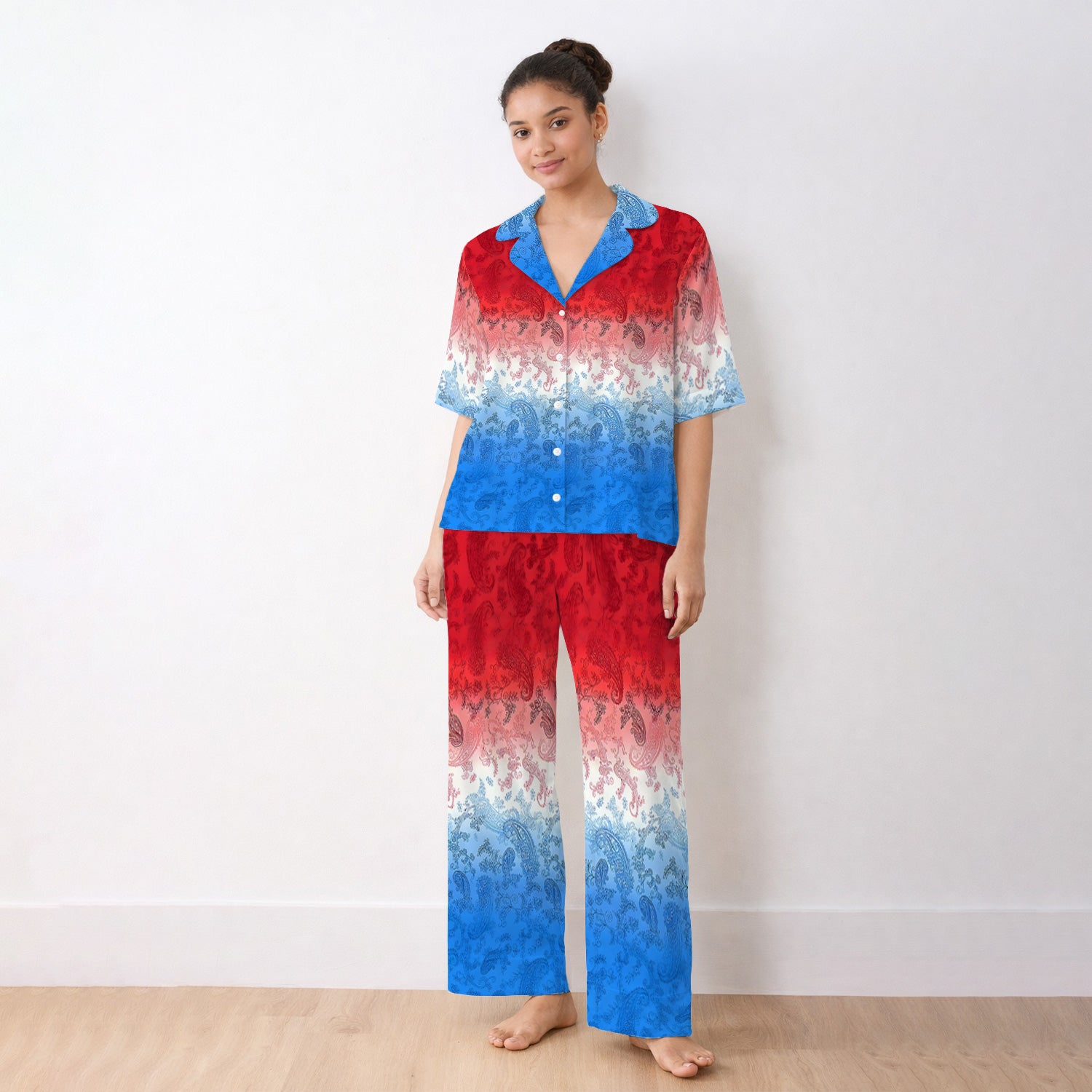 Red Blue Paisley Ombre Pattern Pajama Set, Soft Breathable Fabric Comfortable Sleepwear