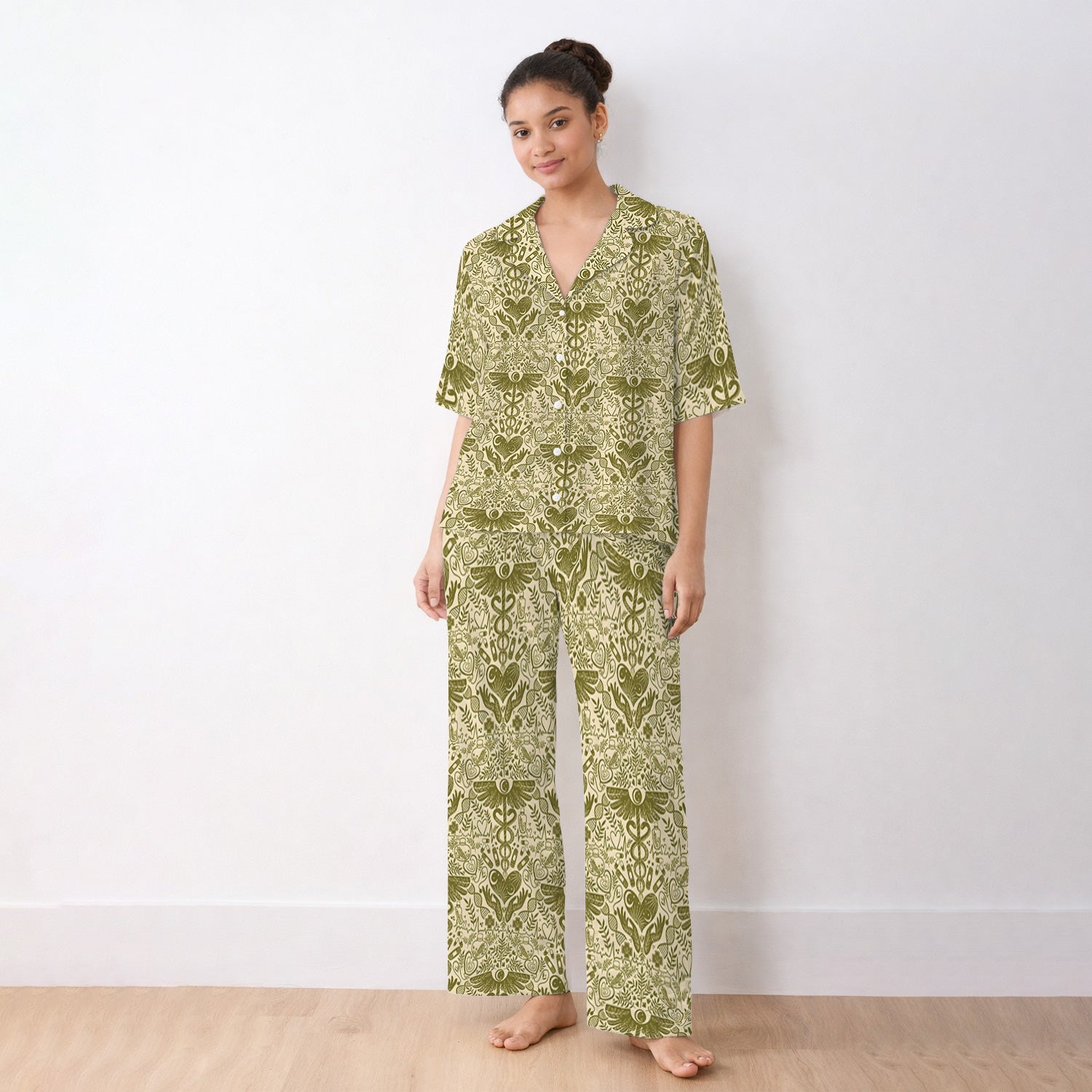 Inspirational Botanical Medical Caduceus Heart Nurse Pattern Pajama Set, Breathable Fabrics Uniform