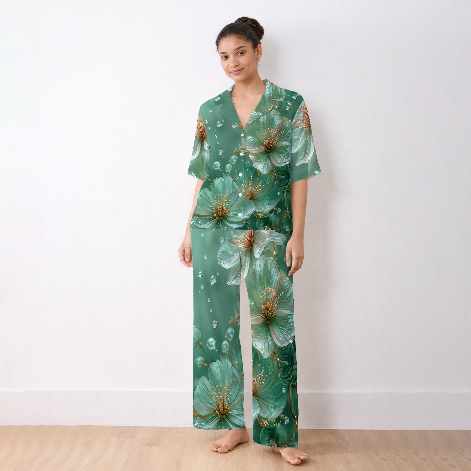 Elegant Mint Blossom Dewdrop Pattern Pajama Set, Soft Breathable Fabric Comfortable Sleepwear